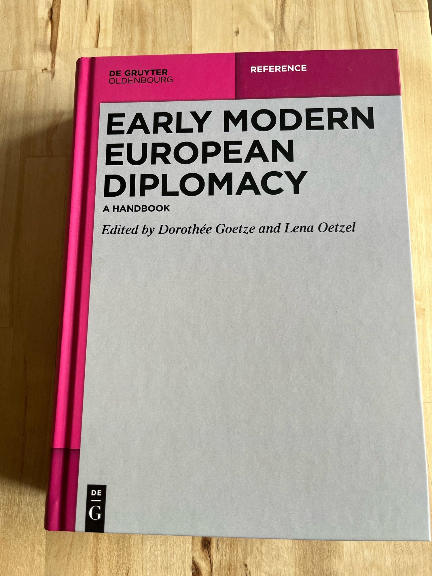 Book cover titled "Early Modern European Diplomacy: A Handbook," edited by Dorothée Goetze and Lena Oetzel, published by De Gruyter Oldenbourg.