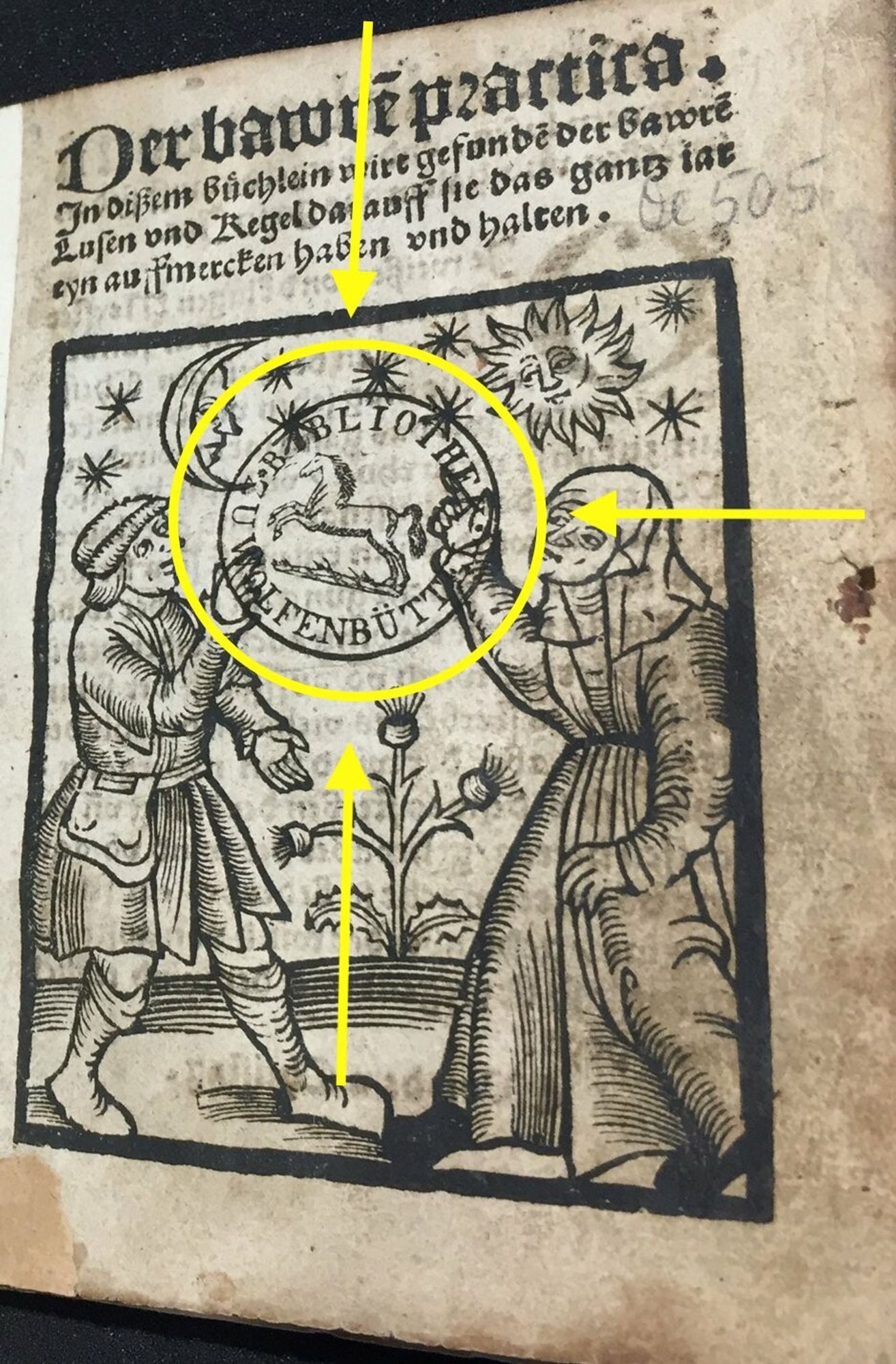 Title page of VD16 B 803 showing a stamp in the middle between a man and a woman. The stamp of the library connects humans and the stars.