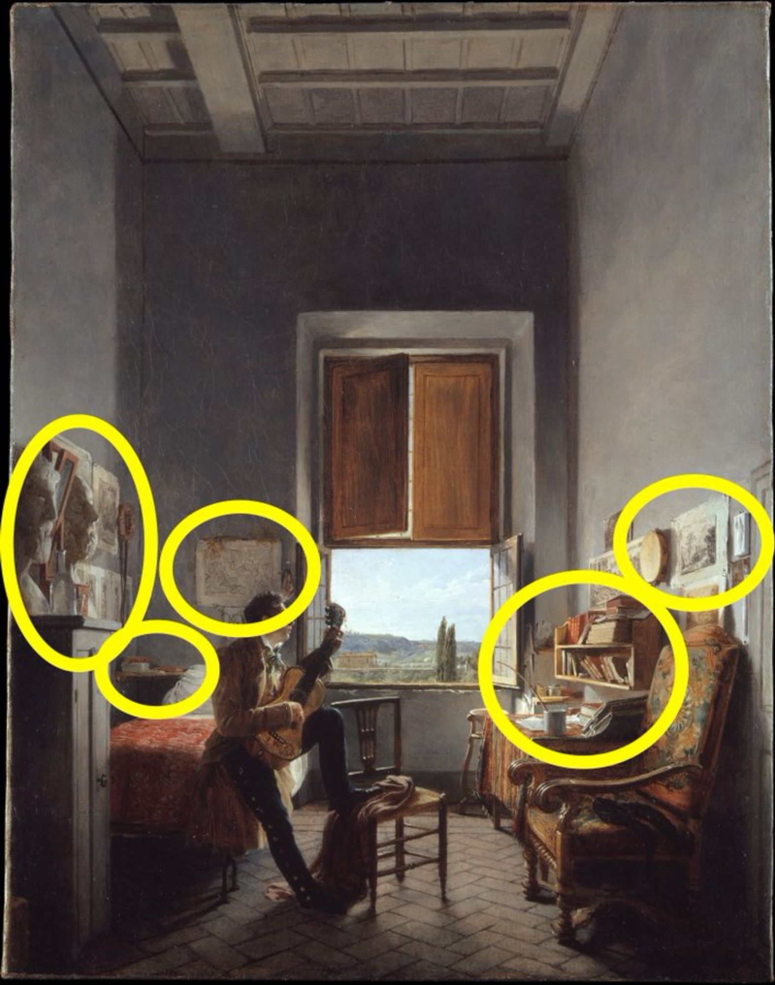 The painting is titled Léon Pallière (1787–1820) in His Room at the Villa Medici, Rome, and was painted in 1817 on oil. The artist: the French Jean Alaux. Highlighted are paper objects explained in the thread.