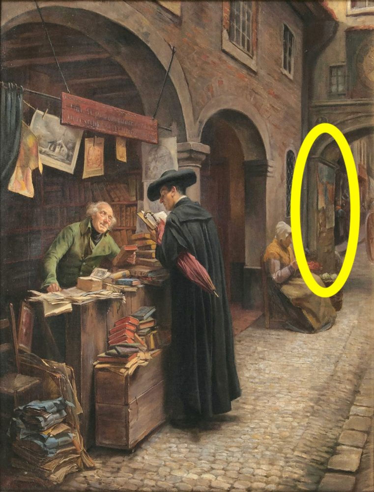 Highlighted is a detail of the painting in the back: glued to a wall are single-sheet prints.