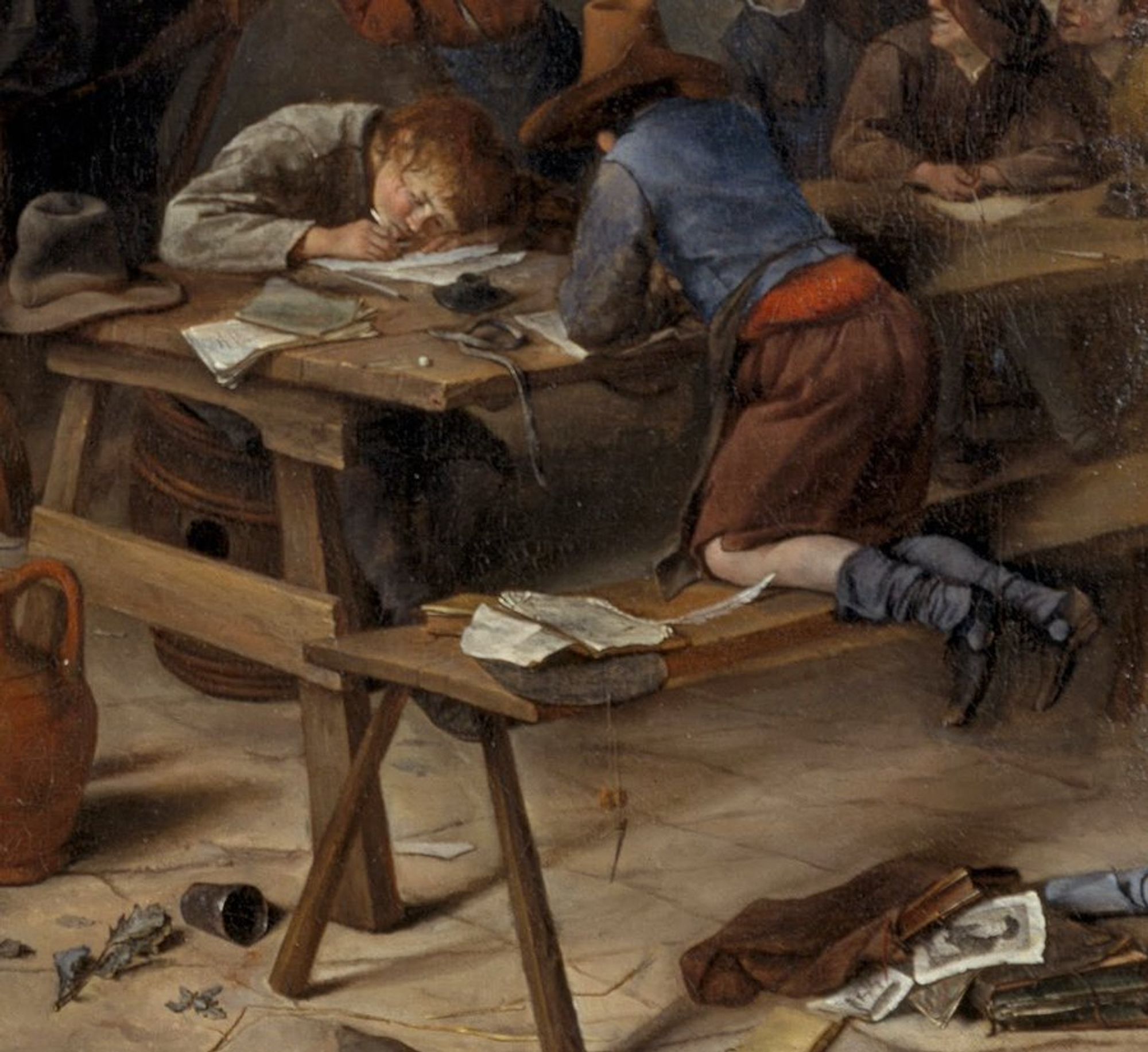 Detail of the painting: pupils writing on paper at a desk.