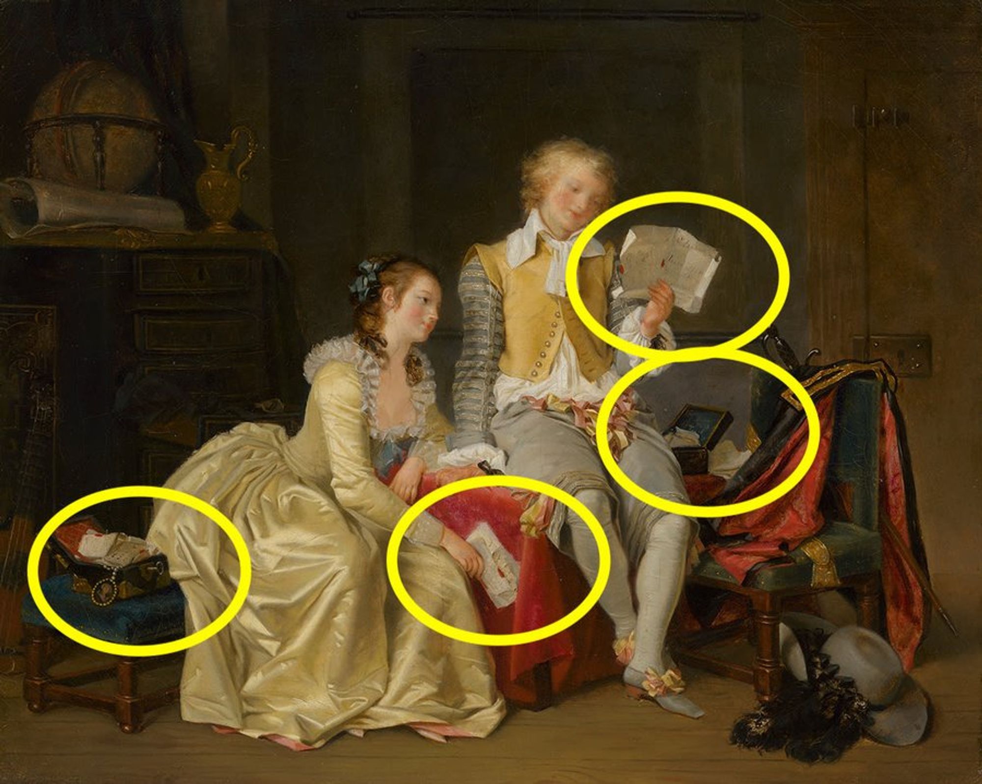 Marguerite Gérard's painting from c. 1785, nowadays in the Bayerische Staatsgemäldesammlungen - Neue Pinakothek München, shows a wealthy young man and a welathy young woman inside of a building. She is holding a letter, and he is reading a letter. Highlighted are papers of the painting.