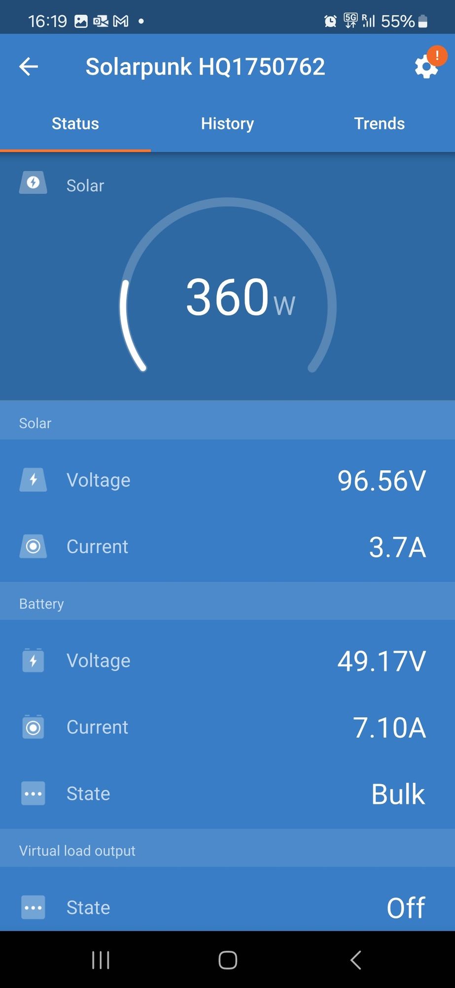 Screenshot of Victron bluetooth app showing 360W solar power production.