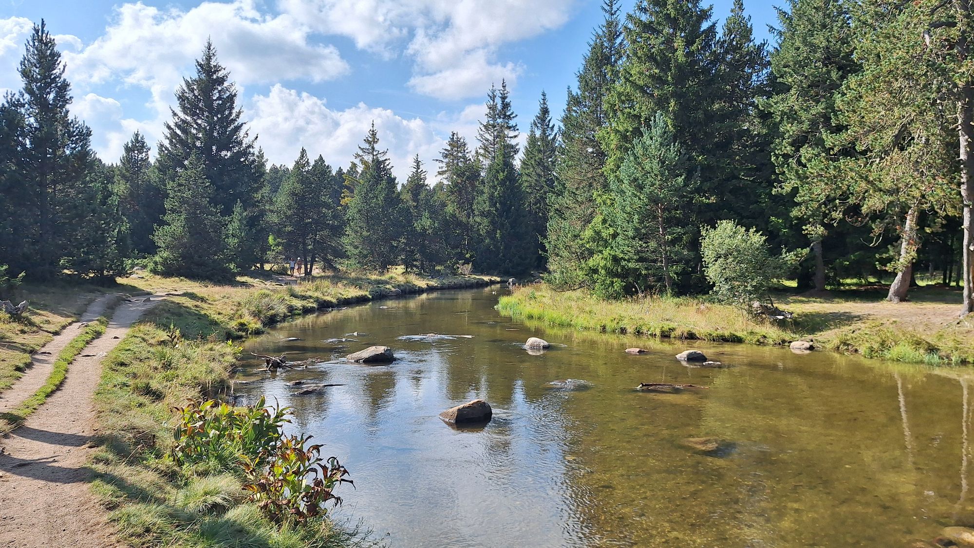 Calm mountain river, forest, blue sky, clouds