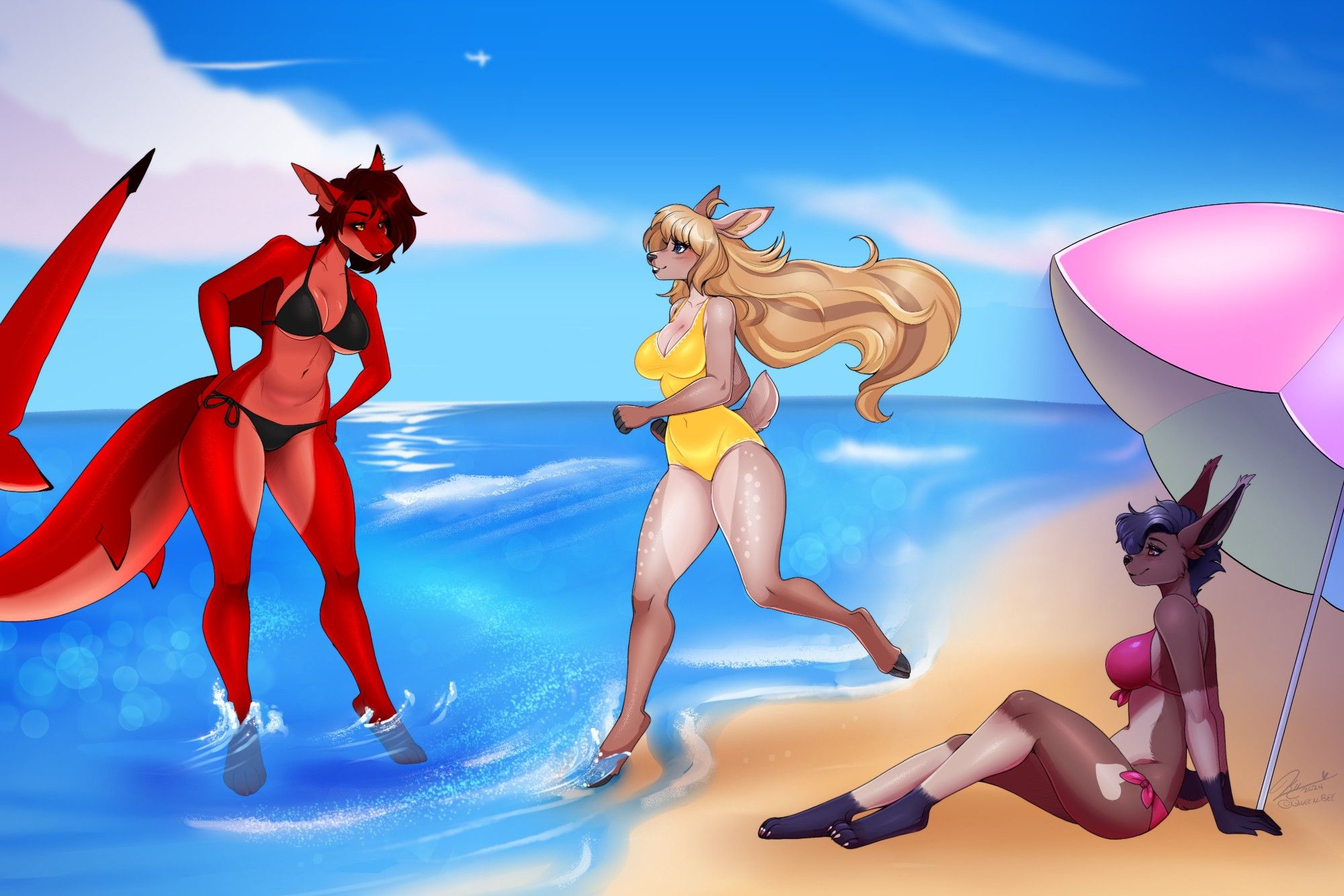 Sydri (red shark), Wrenn (blonde doe) and Addi (Brown/cream fruit bat) at the beach!