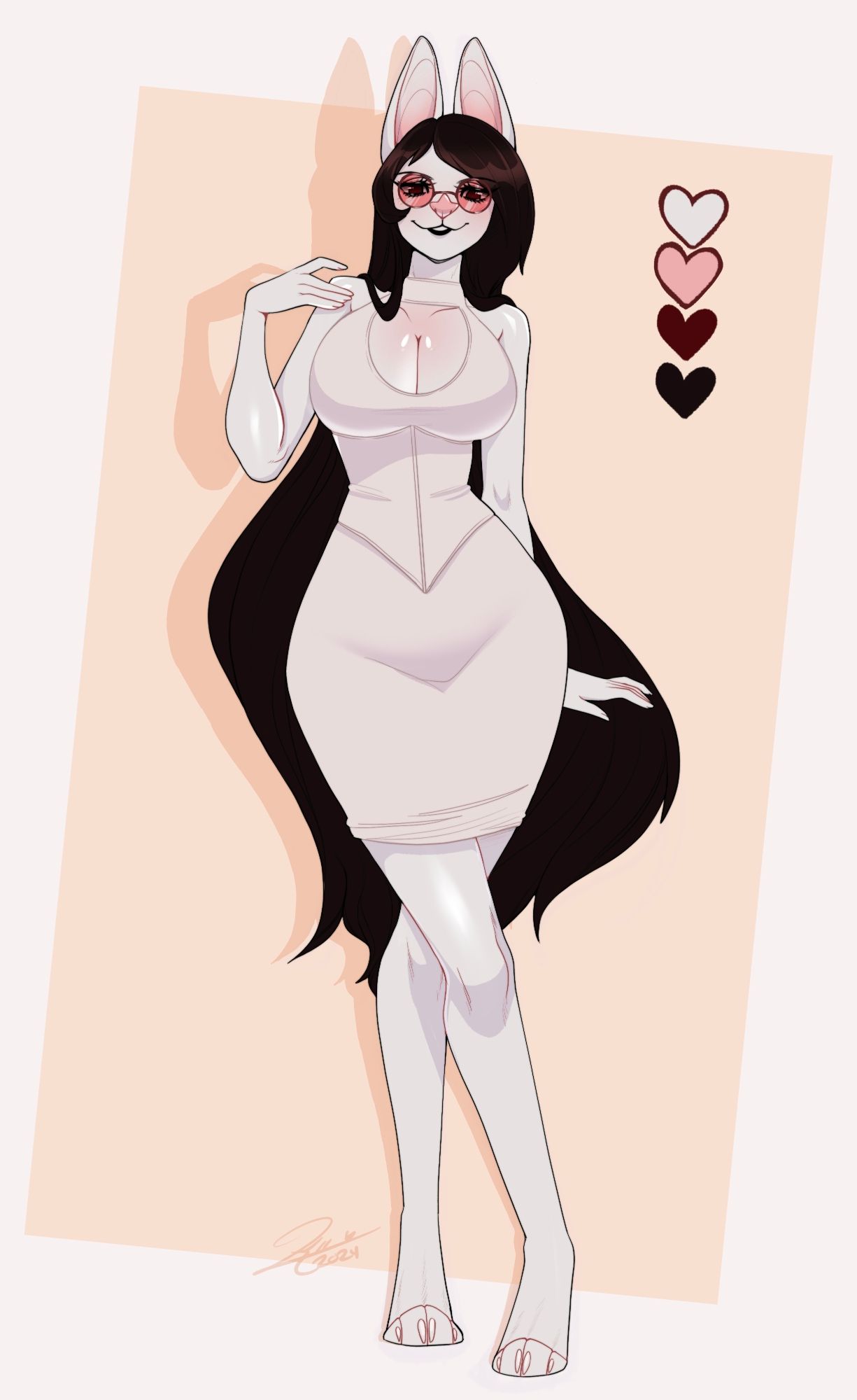 Elizabeth (Elizabet), pale vampire bat, wearing a white dress and rose-colored glasses!