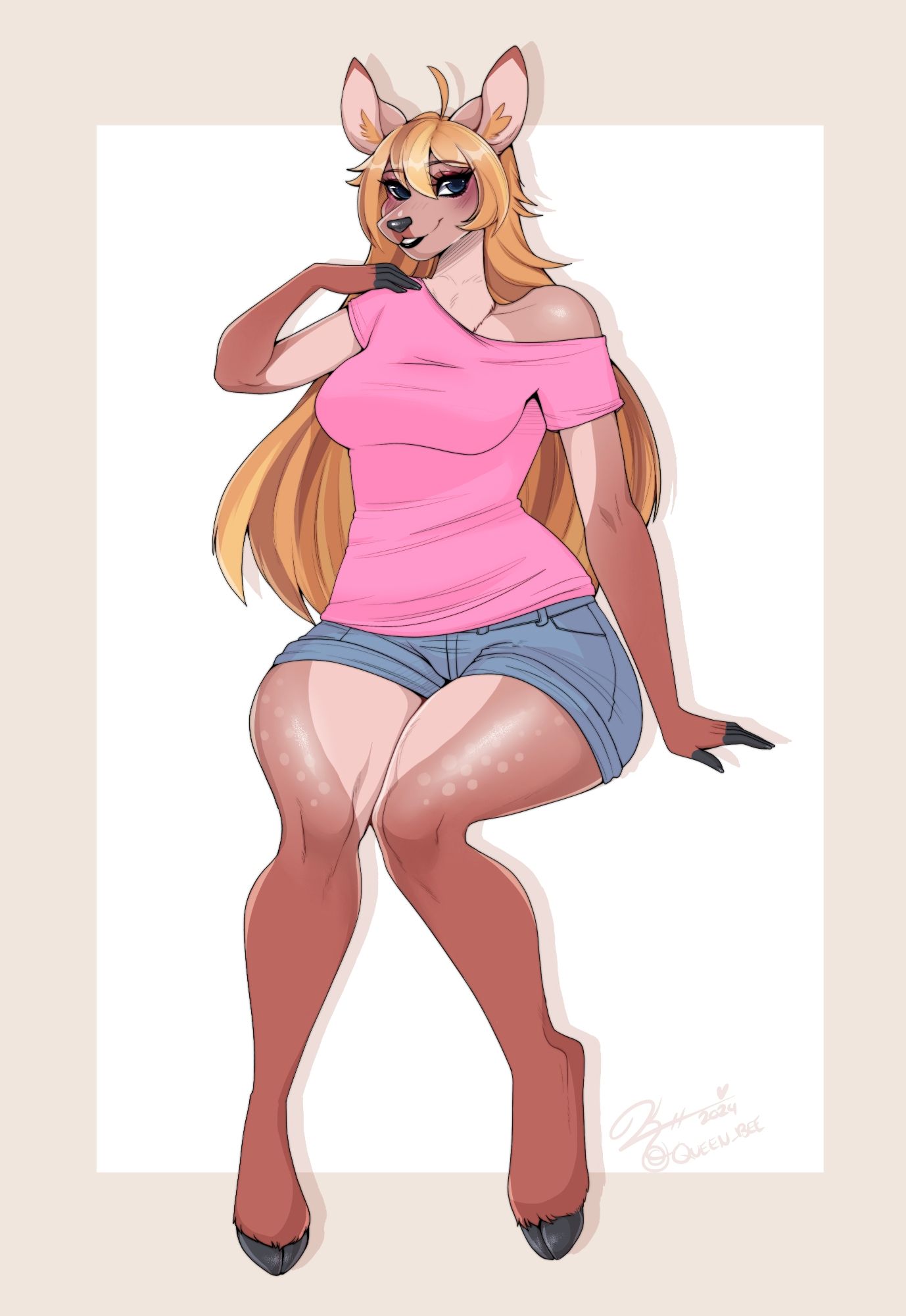 Wrenn, a blonde doe, wearing a pink shirt and faded denim shorts!