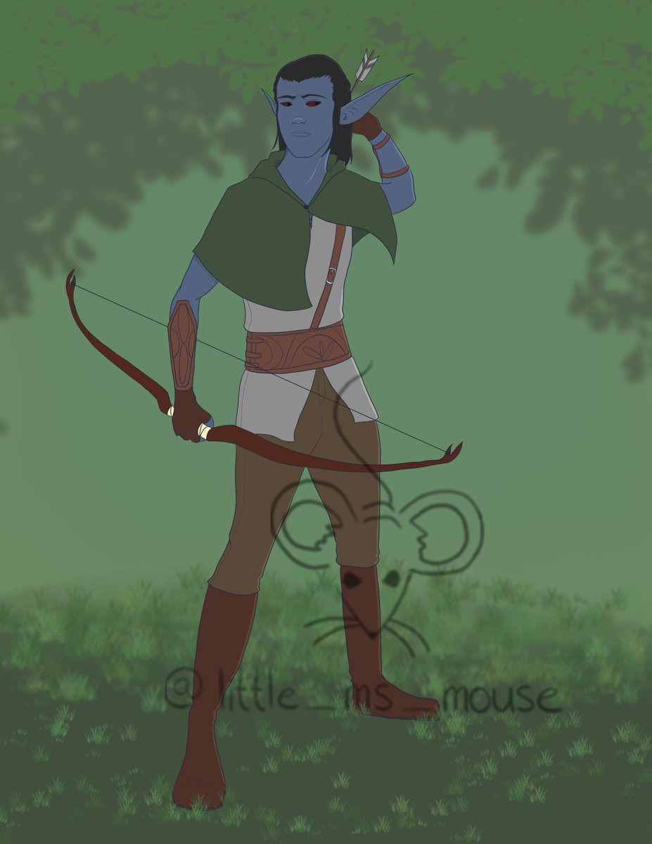 A dark elf, full body image, standing 3/4 view and grabbing an arrow out of a quiver, ready to fight, bow in hand.