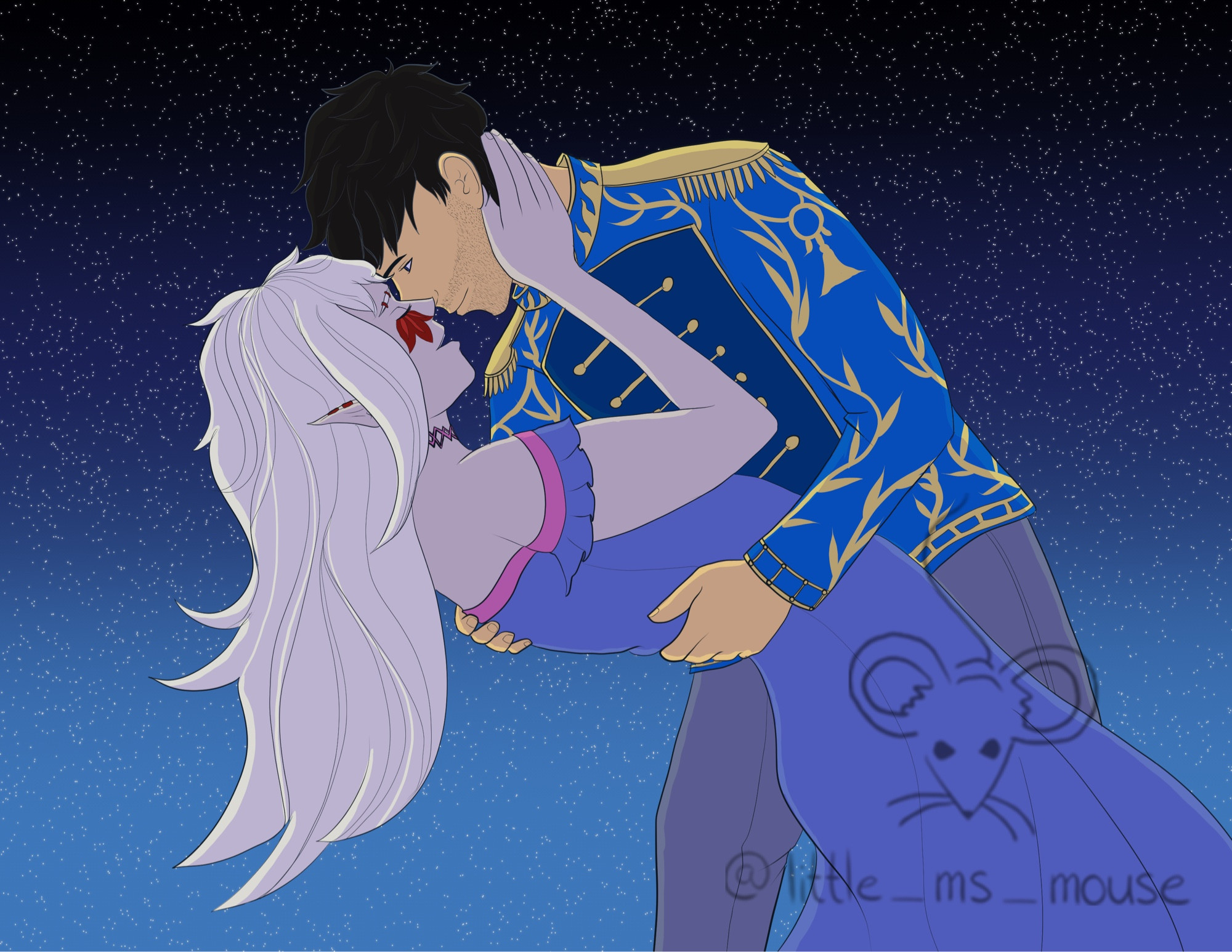 A couple, mid dip and about the kiss under a sea of stars. The woman is an elf, with long white hair and a purple blue dress. The man is human, wearing a formal princely attire of blues and gold.