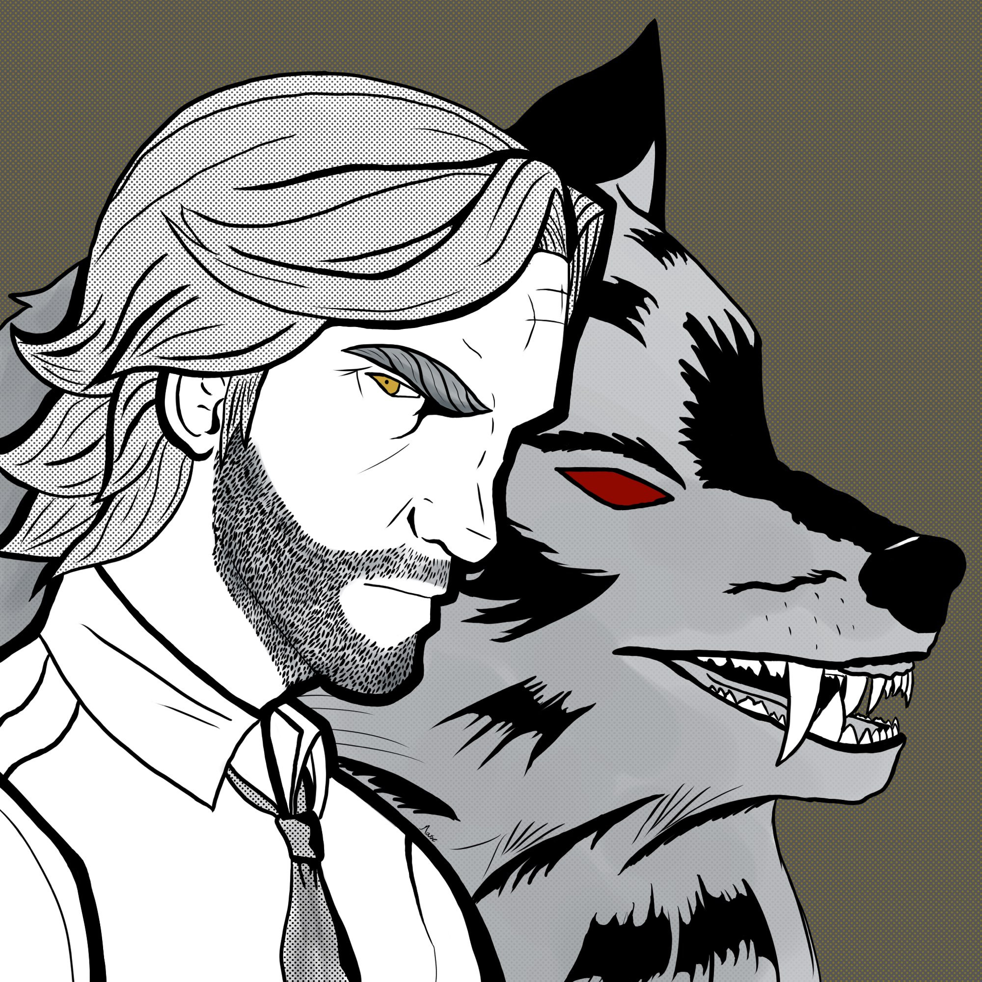 A profile portrait of the character Bigby from “The wolf among us” behind him is his wolf form