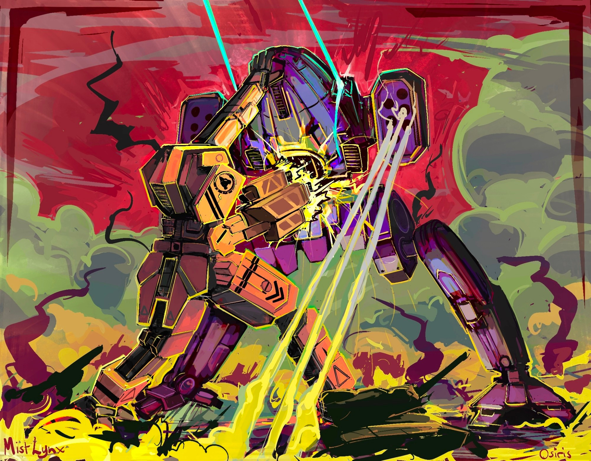 An orange mecha in the shape of a human holds up the frame of a bulkier mech in order to shoot it in the robot guts