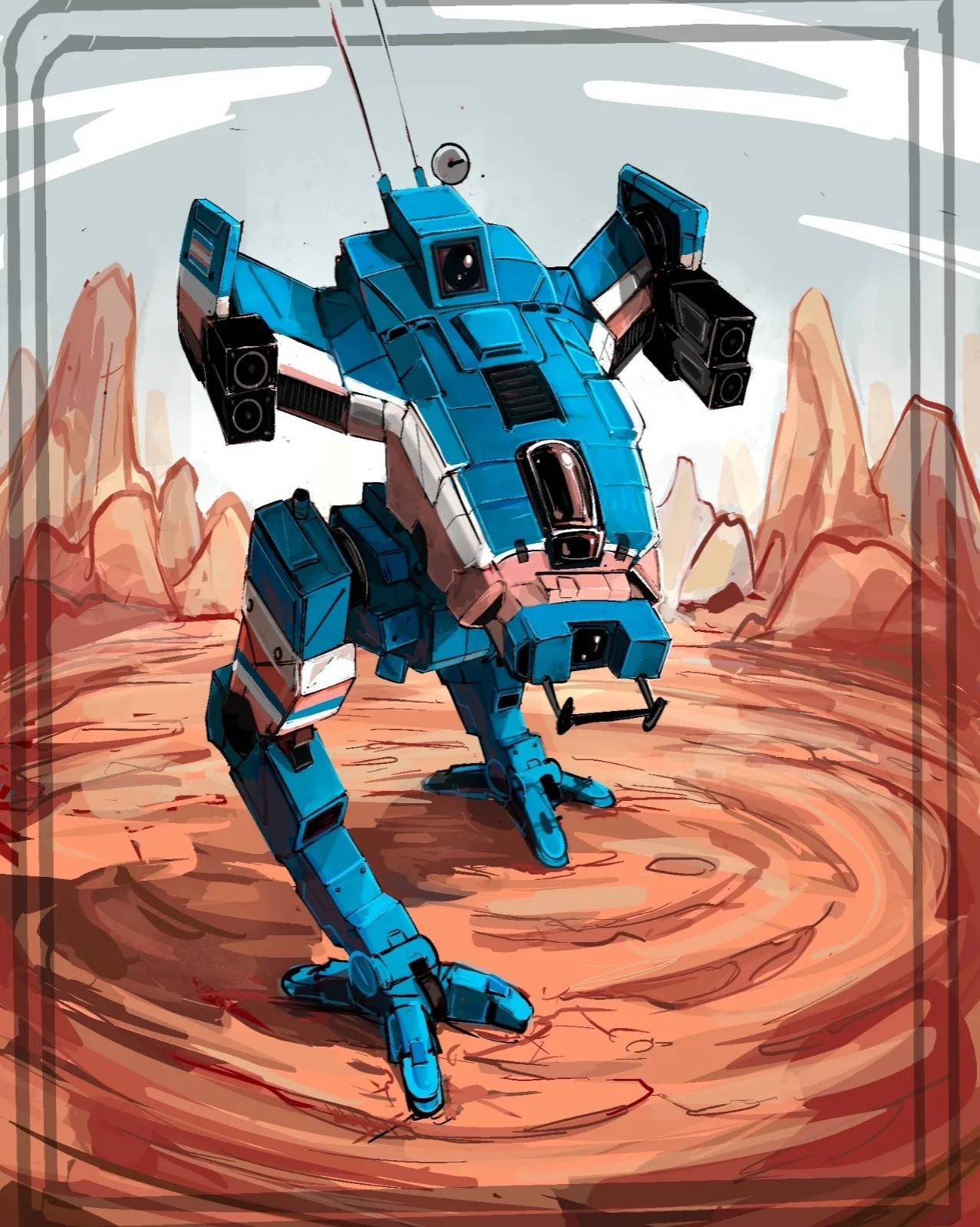 A locust from the battletech series stands in a desert canyon environment