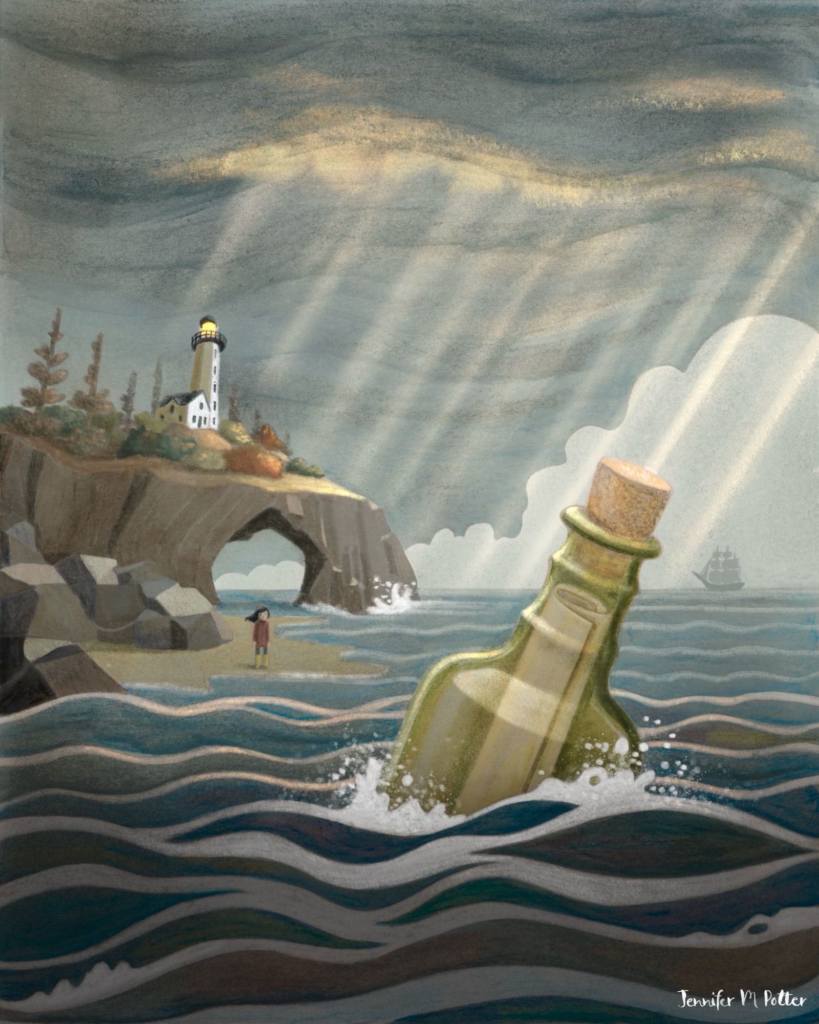 Illustration by Jennifer M Potter of a girl watching a message in a bottle drift out to sea.