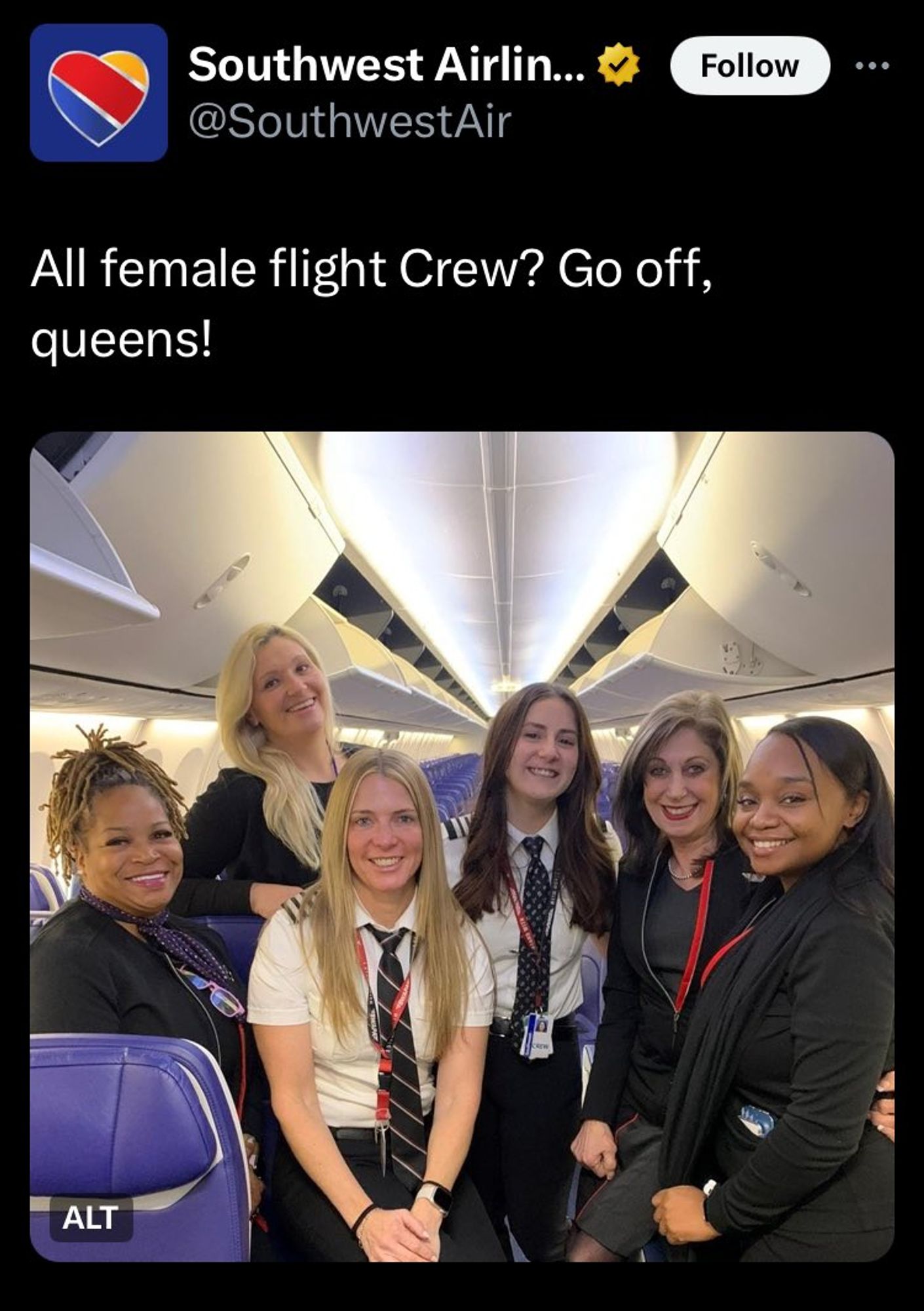 A screenshot of a tweet in dark mode from Southwest Airlines. The image included in the tweet is that of an all female flight crew, with the text "All female flight crew? Go off, queens!"