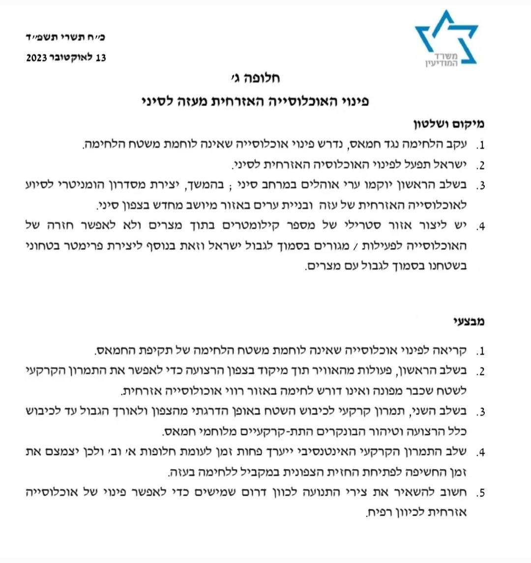 Translation of document from Israel's Ministry of Intelligence, Tishrei Tashfeid, October 13, 2023
Evacuation of the civilian population from Gaza to Sinai
1. Due to the fighting against Hamas, the evacuation of the non-combatant population from the combat zone was required.
2. Israel will work to evacuate the civilian population to Sinai.
3. In the first phase, tent cities will be established in the Sinai region; later, a humanitarian corridor will be created to assist the civilian population of Gaza and cities will be built in a repopulated area in northern Sinai.
4. A sterile zone of several kilometers inside Egypt must be created and the population must not be allowed to return to activity/residence near the Israeli border, in addition to creating a security perimeter in our territory near the border with Egypt...