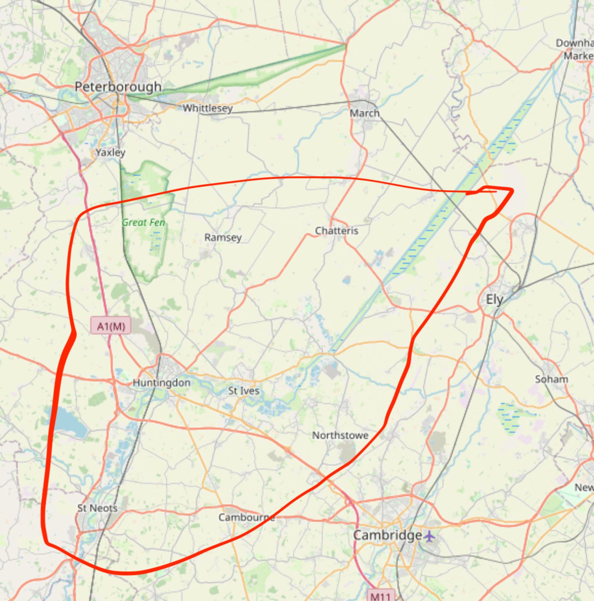 Screenshot of Open Street Map illustrating the part of the fens that is flooding early this year.