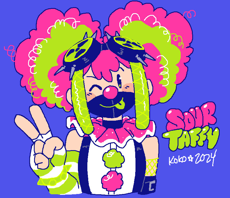 A simple doodle of a cartoony clown girl with a neon pink and green color scheme. She has various cybergoth elements, such as spiked goggles with radioactive symbols, a black face mask with a smile drawn on it, and mismatched arm warmers. She is winking and making a peace sign with her hand. Her name is Sour Taffy.