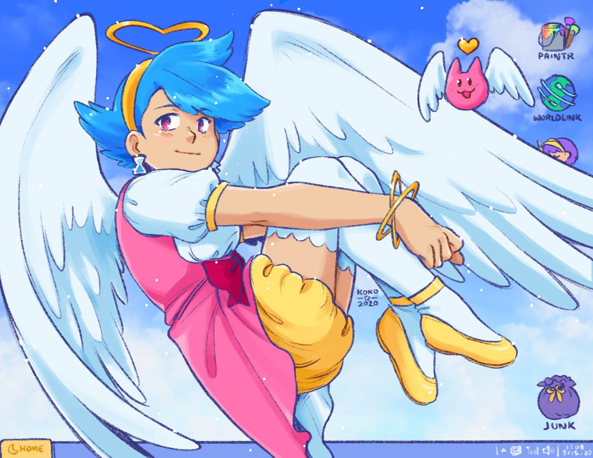 An illustration of Charme in a more traditional manga style with pencil linework. She is floating with her knees tucked to her chest and her wings spread wide, smiling at the viewer. The background is a cloudy sky desktop with some icons on the right.