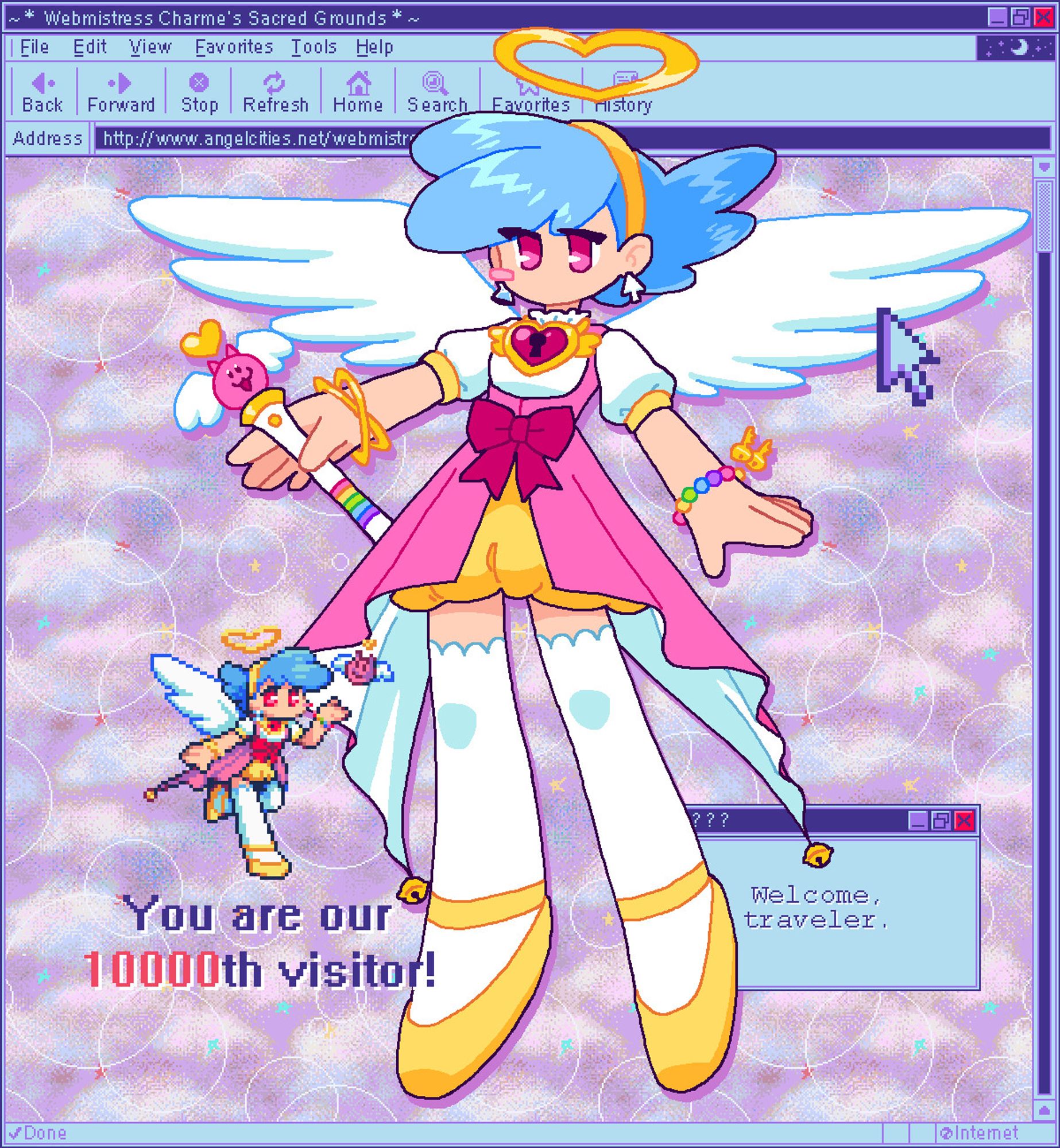 An illustration of an angelic character in a cartoony and chibi-like style. The background is a retro looking webpage titled "Webmistress Charme's Sacred Grounds" with the text "Welcome, traveler." and "You are our 10000th visitor!" The angel wears a long flowy pink vest over a white blouse and a poofy yellow skirt. Her earrings are a mouse cursor and an hourglass. A small pixelated version of the character appears as a graphic on the website.