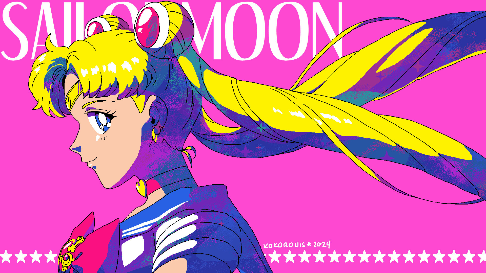 A side profile image of Sailor Moon against a hot pink background. Sailor Moon is glancing to the side and smiling as her twin tails blow back. The shaded areas are overlayed with a spacey texture.