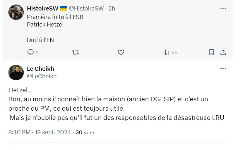 échange sur twitter où HistoireSW m'apprend que Hetzel est pressenti pour le MESR.