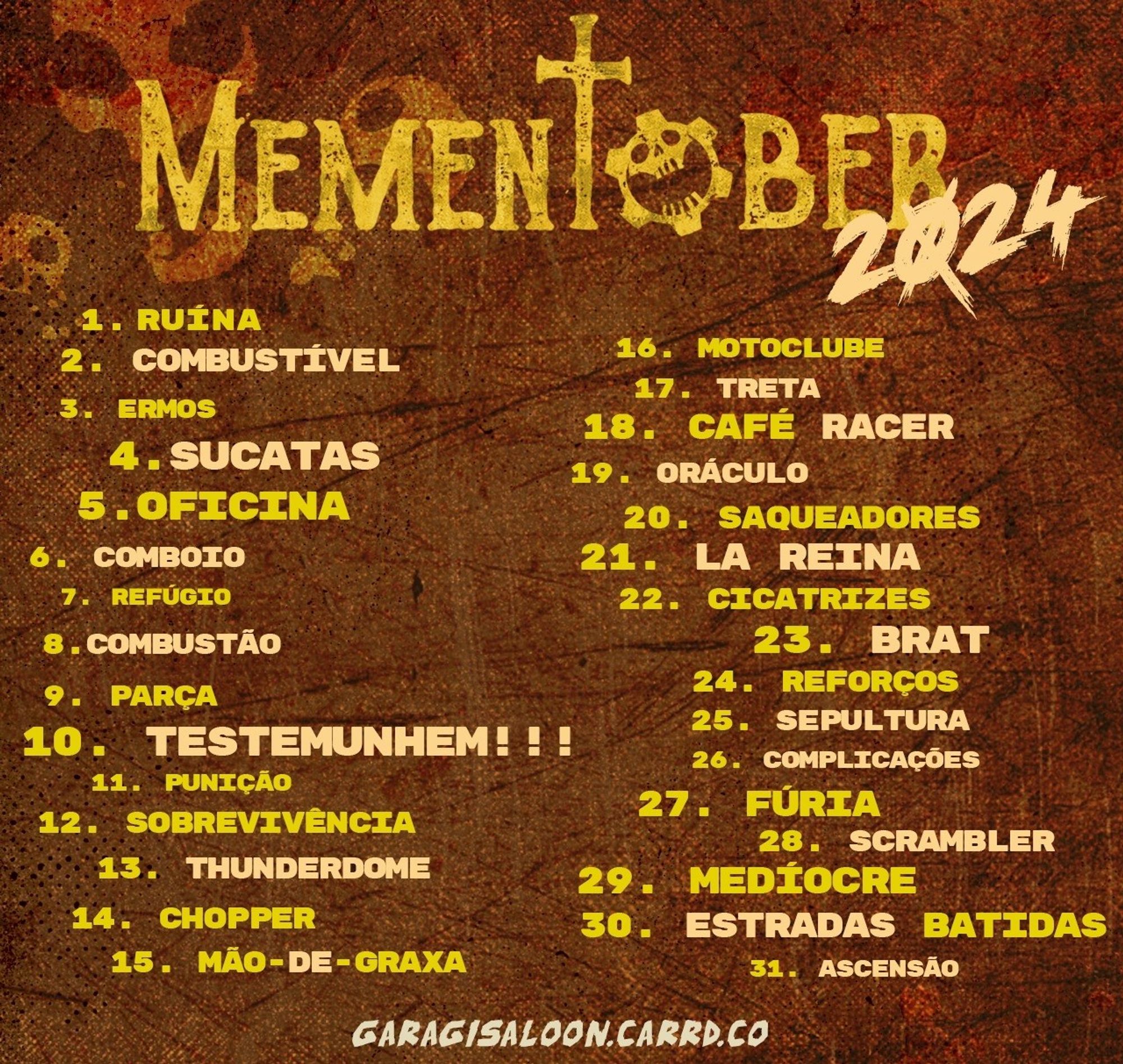 Uma imagem promocional de Mementober 2024 com as 31 entradas que serão títulos de cada ilustração