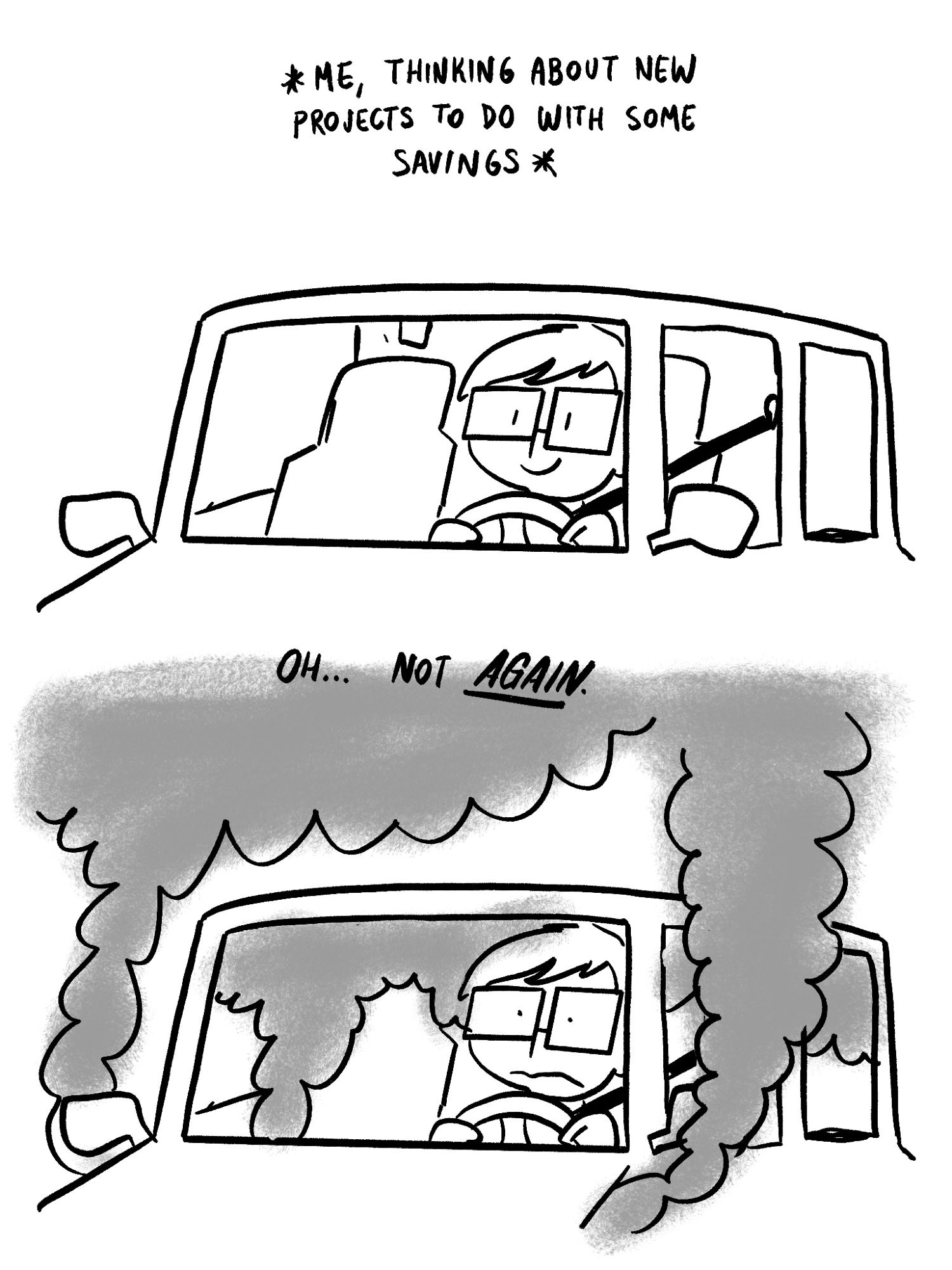 FRAME 1: Lucho driving his car peacefully. The text above reads: "Me thinking new projects to do with some savings".
FRAME 2: Smoke starts appearing from the car, even inside it. Lucho, quite worried, says "Oh... Not again".