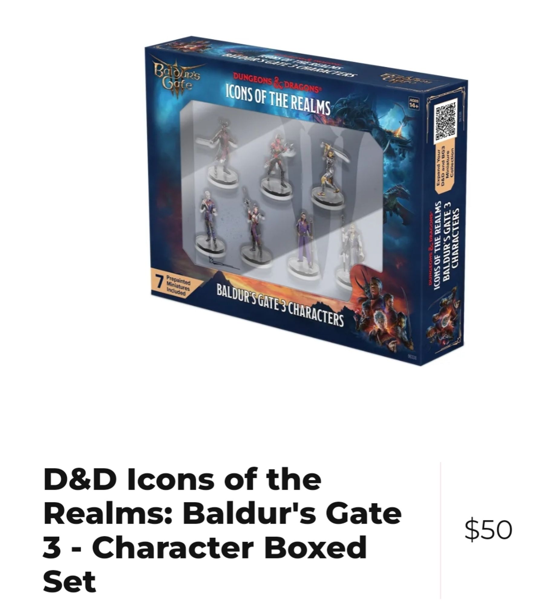 Image of a D&D icons of the realms Baldur's Gate 3 character boxed set which includes Karlach, Shadowheart, Laezel, Wyll, Gale, Astarion, and Withers, but not my girl Minthara