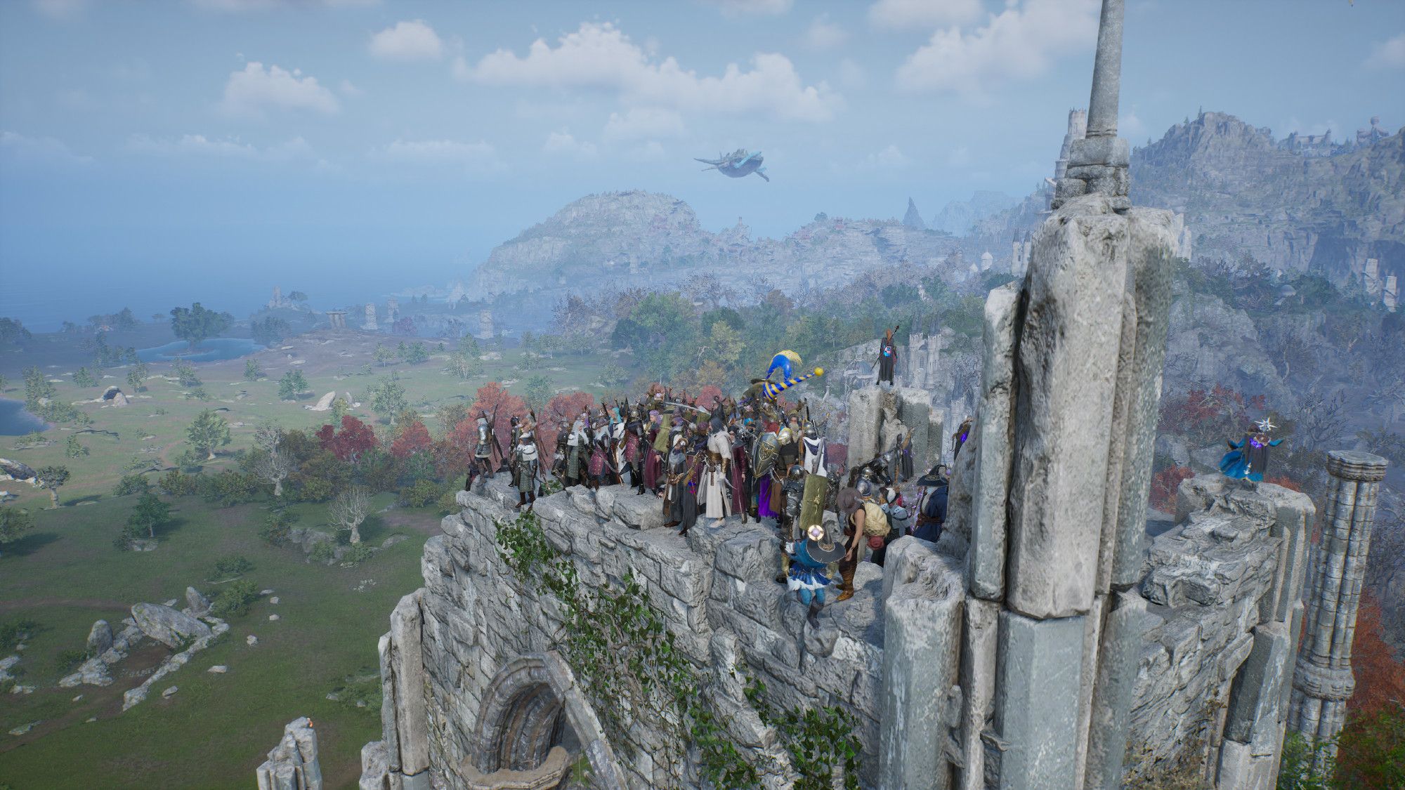 a crowd of players waiting on top of some ruins for the sky wale, which can be seen in the background