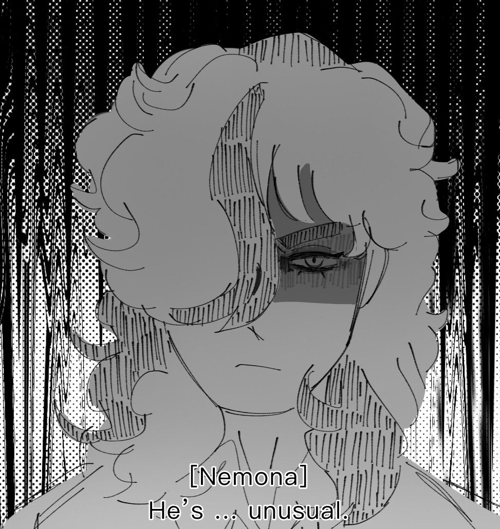 Nemona dialogue: “he’s … unusual.” 
The image shows a headshot of paradise AU Arven, looking intimidating 