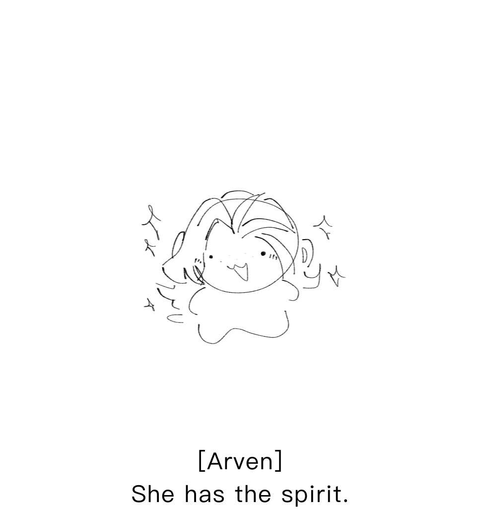 Arven dialogue: “she has the spirit.” The image shows a silly doddle drawing of Nemona 