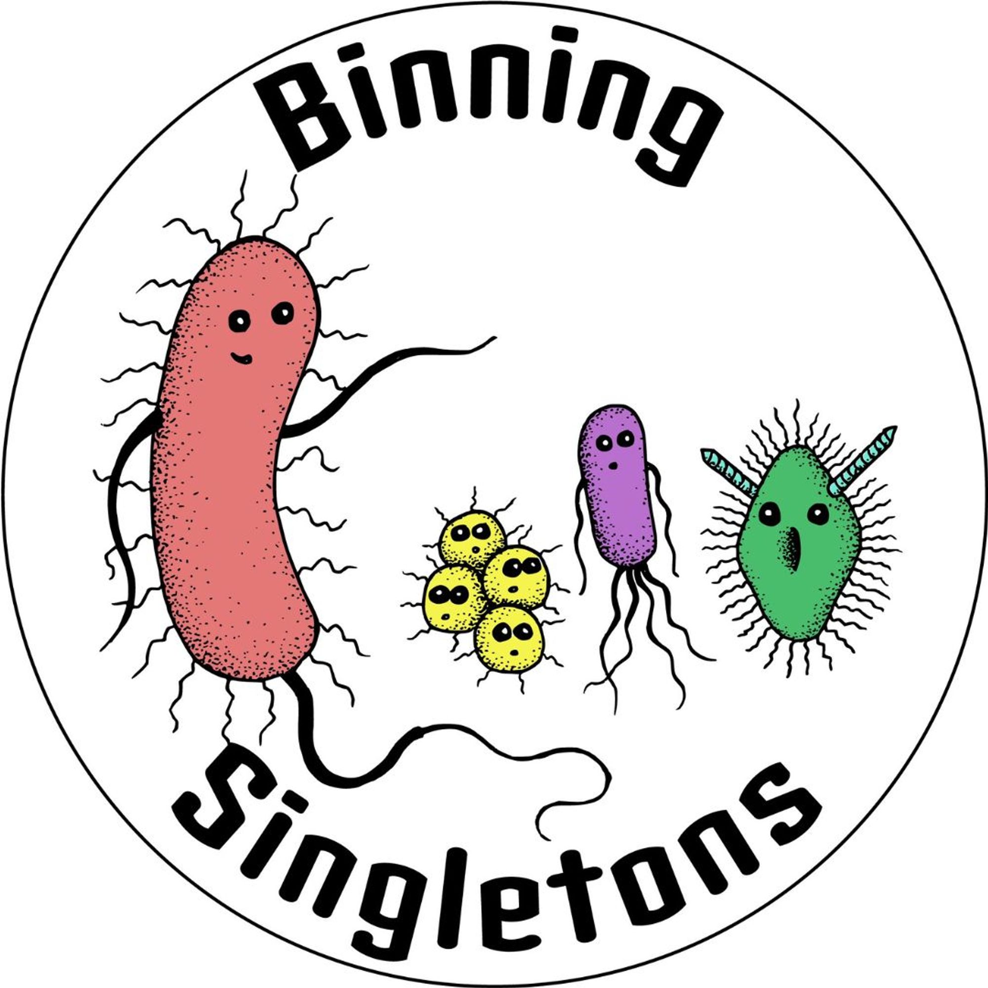 Binning Singletons logo. A circle with 4 microbes. From left to right: a large pink vibrio on the left, smiling and pointing to the right; 4 yellow cocci looking around; a purple E. coli looking off to the right; and a green acetinobacter looking to the left. They represent the mentor and singletons at a large meeting and the mentor is helping them through all the facets of the meeting.