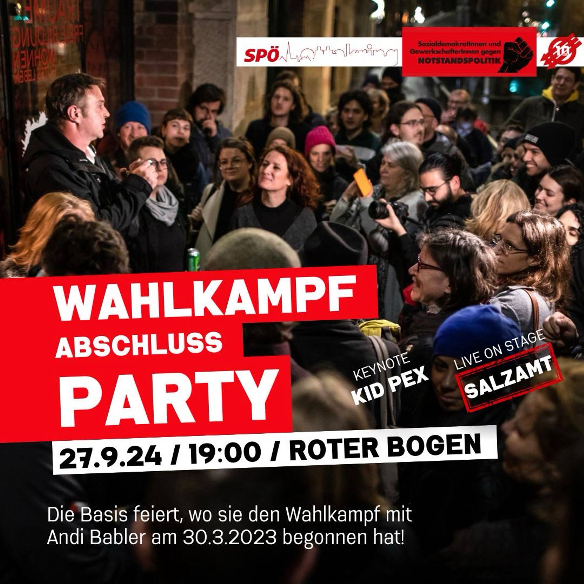 Einladung zur Wahlkampfabschlussparty heute am 27. September um 19:00 Uhr im Roten Bogen in Wien.