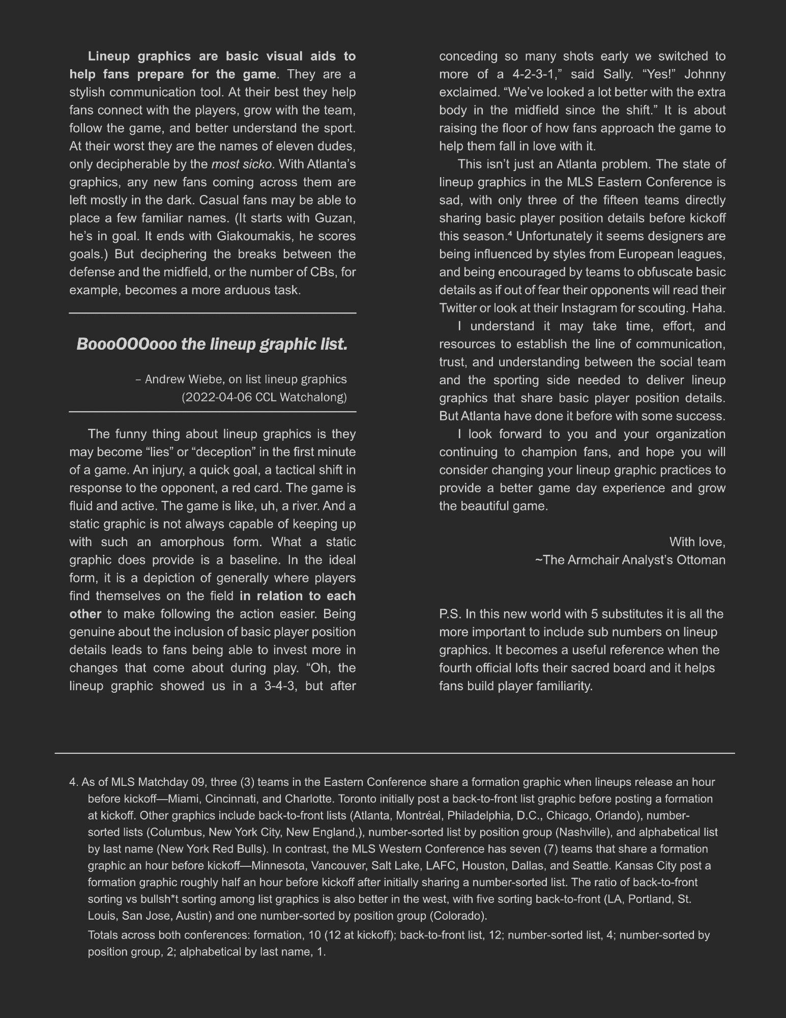 Page two of "An Open Letter to Garth Lagerwey and Atlanta United About Their Use of Lineup Graphics"

tl;dr - please switch to lineup graphics that explicitly share basic player position details to help fans (and grow the game)