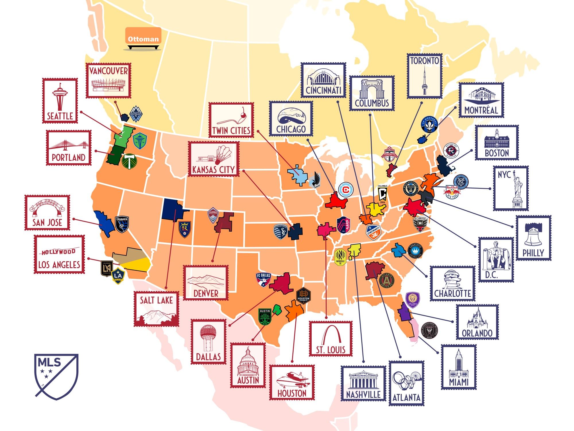 MLS Stamp Map featuring iconic city landmarks