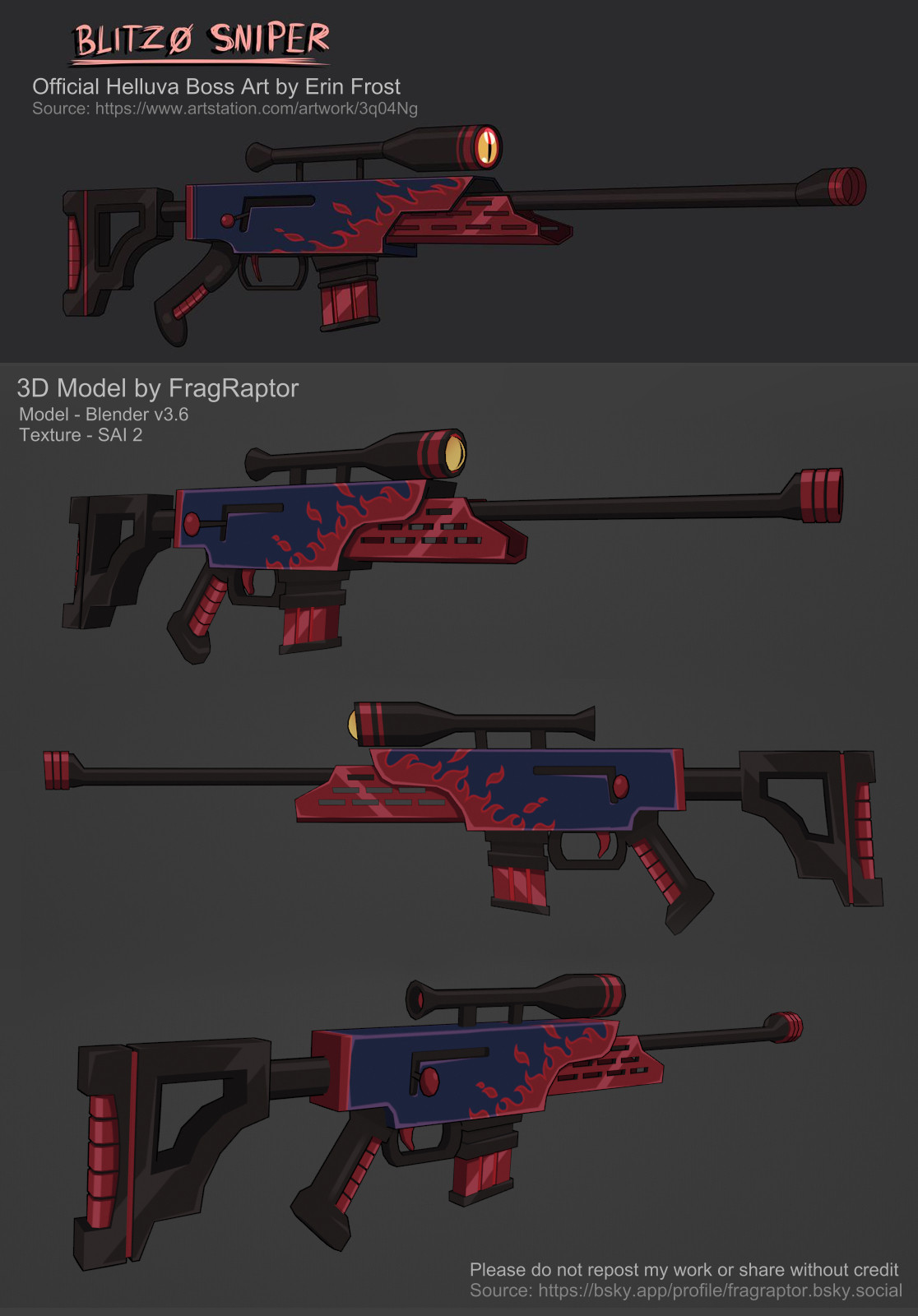 Image of a 3d model of Blitz's sniper rifle from the Youtube series "Helluva Boss." The top image is an official 2d illustration for the show by Erin Frost. The following 3 images below are the 3d model created by FragRaptor.