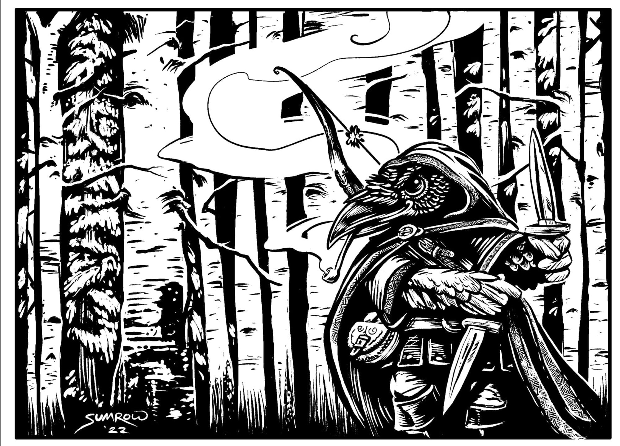 A ravenfolk ranger smokes a pipe and thinks.aboitnuisnnext.move.exploring a tall Aspen forest.