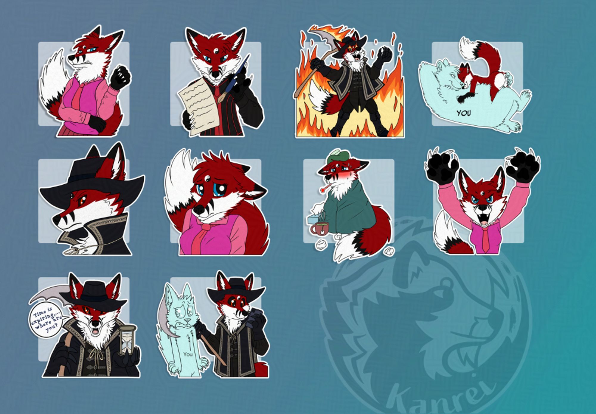 Digital art, 10 telegram stickers of a red anthropomorphic fox