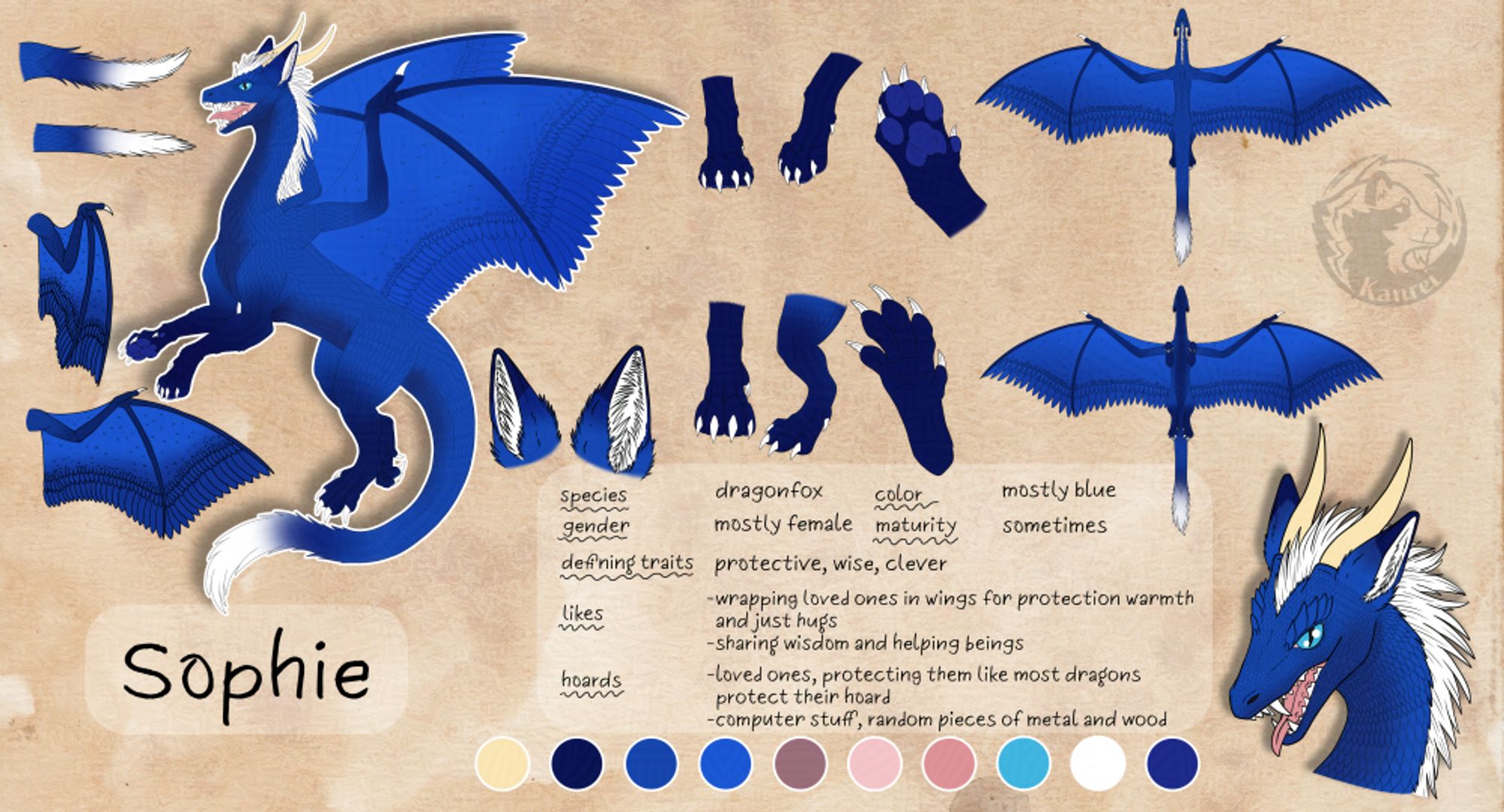 Digital Art, reference sheet of a blue dragon