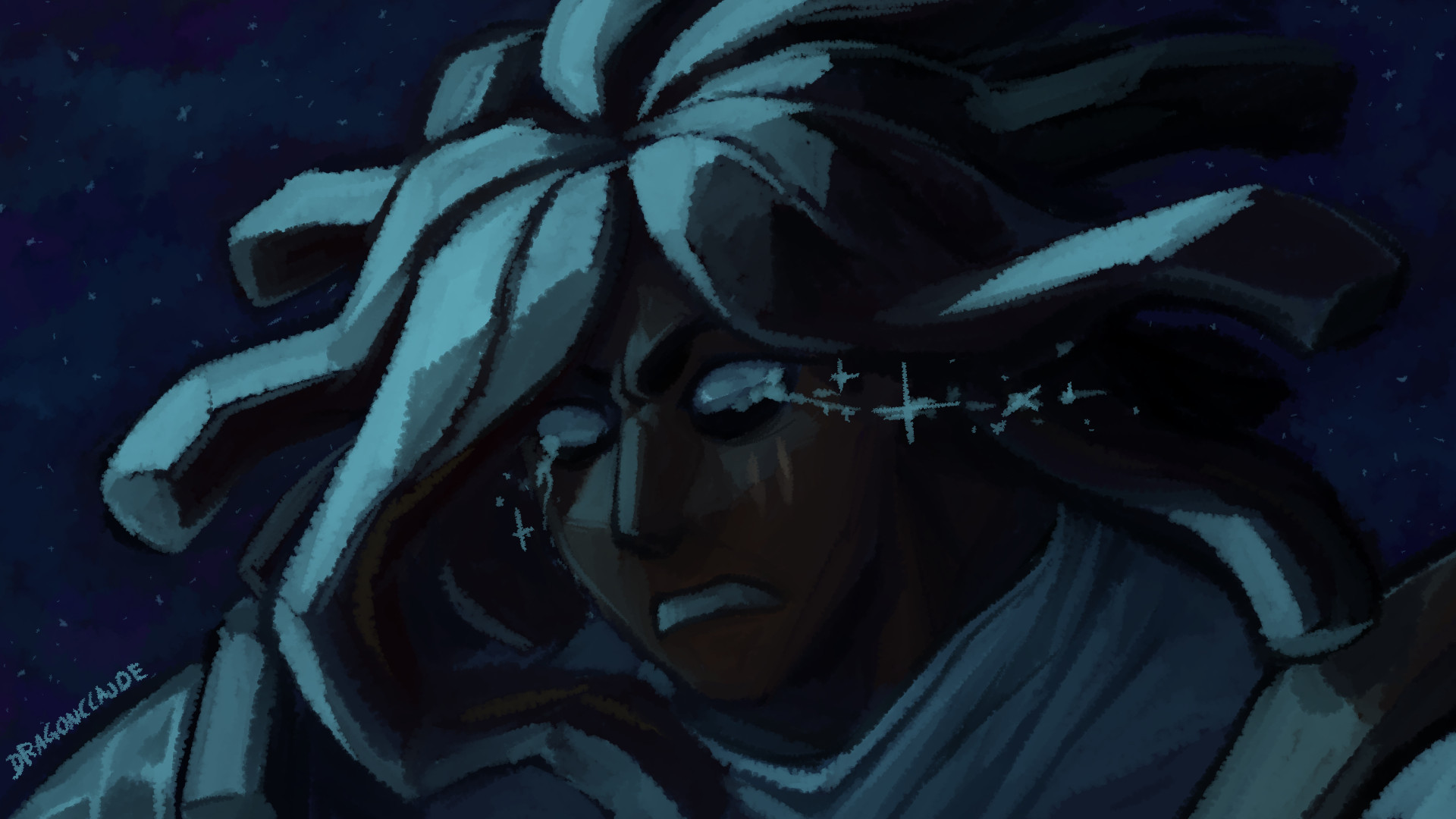 A digital painting of Atlas from the game, omega strikers. He is in space with a tense expression and tears that turn into sparkles drop from his eyes.