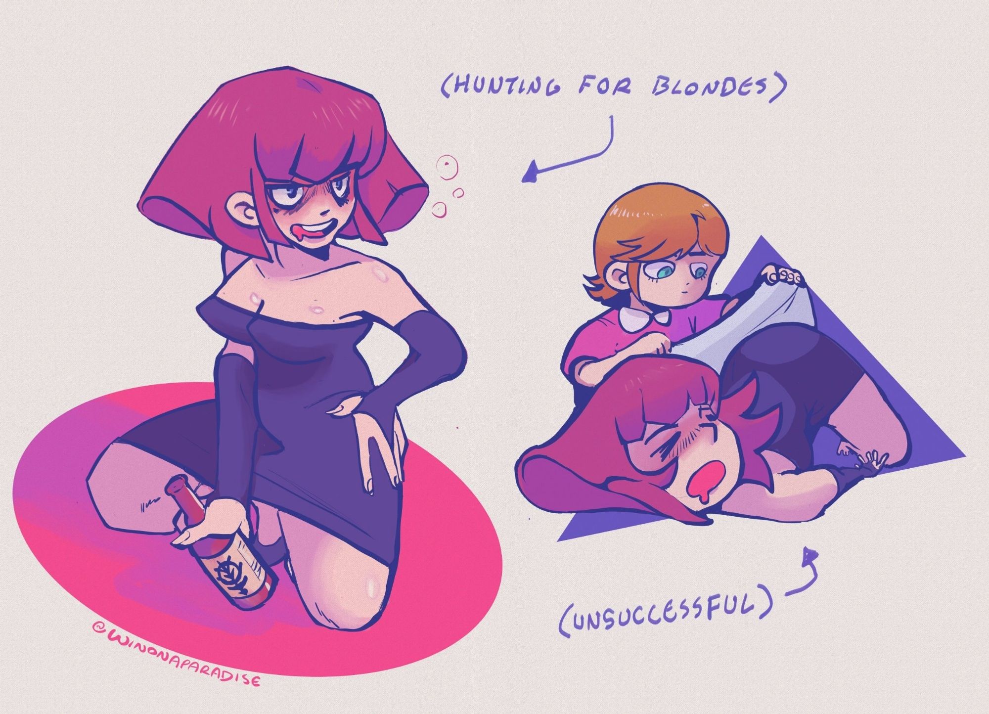 Haman Karn from Mobile Suit Zeta Gundam squats with a beer in her hand. The second panel has Mineva Zabi from Mobile Suit Zeta Gundam covering Haman with a blanket as she drunkenly sleeps.