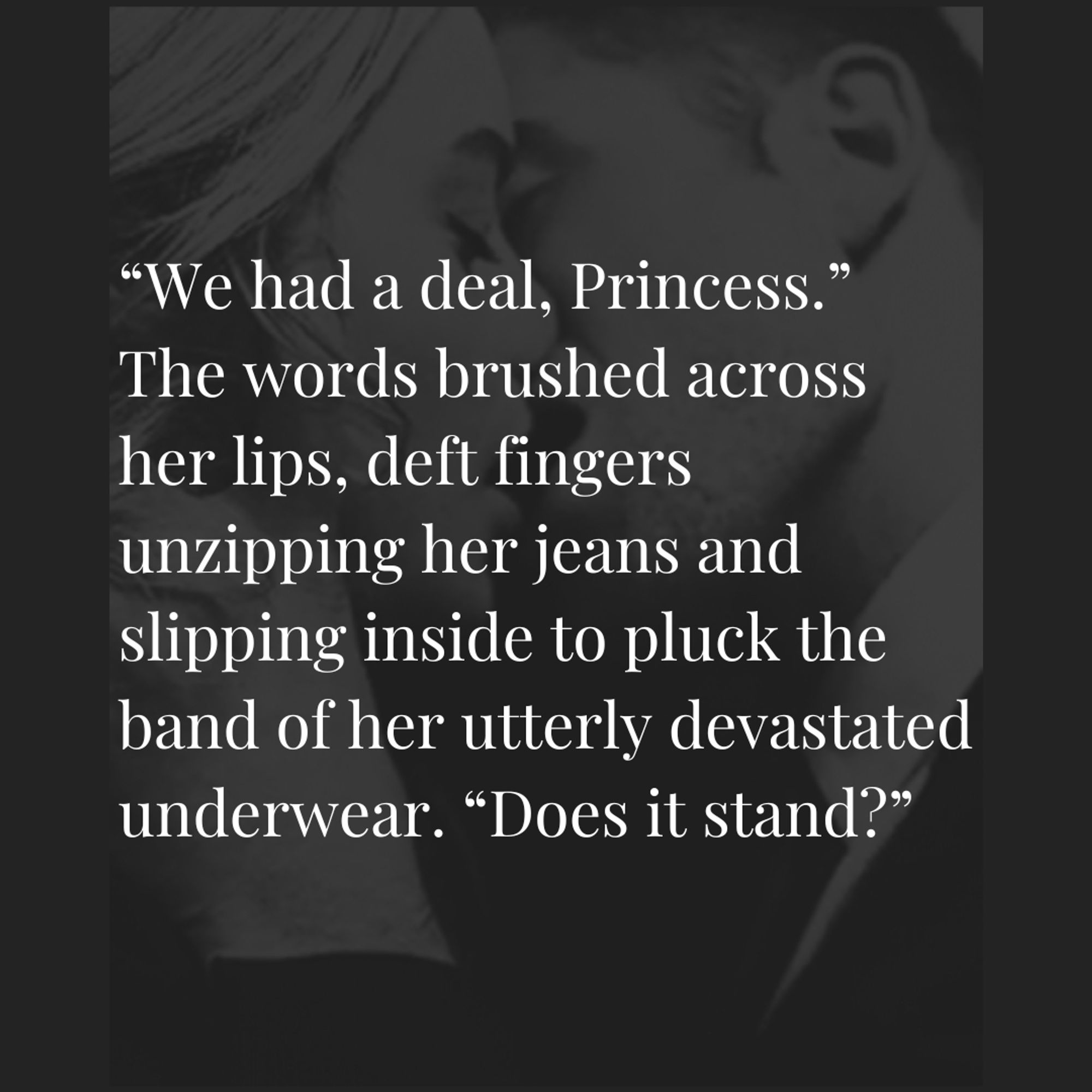 Faint image of a man and a woman kissing with a quote overlay: "We had a deal, Princess." The words brushed across her lips, deft fingers unzipping her jeans and slipping inside to pluck the band of her utterly devastated underwear. "Does it stand?"