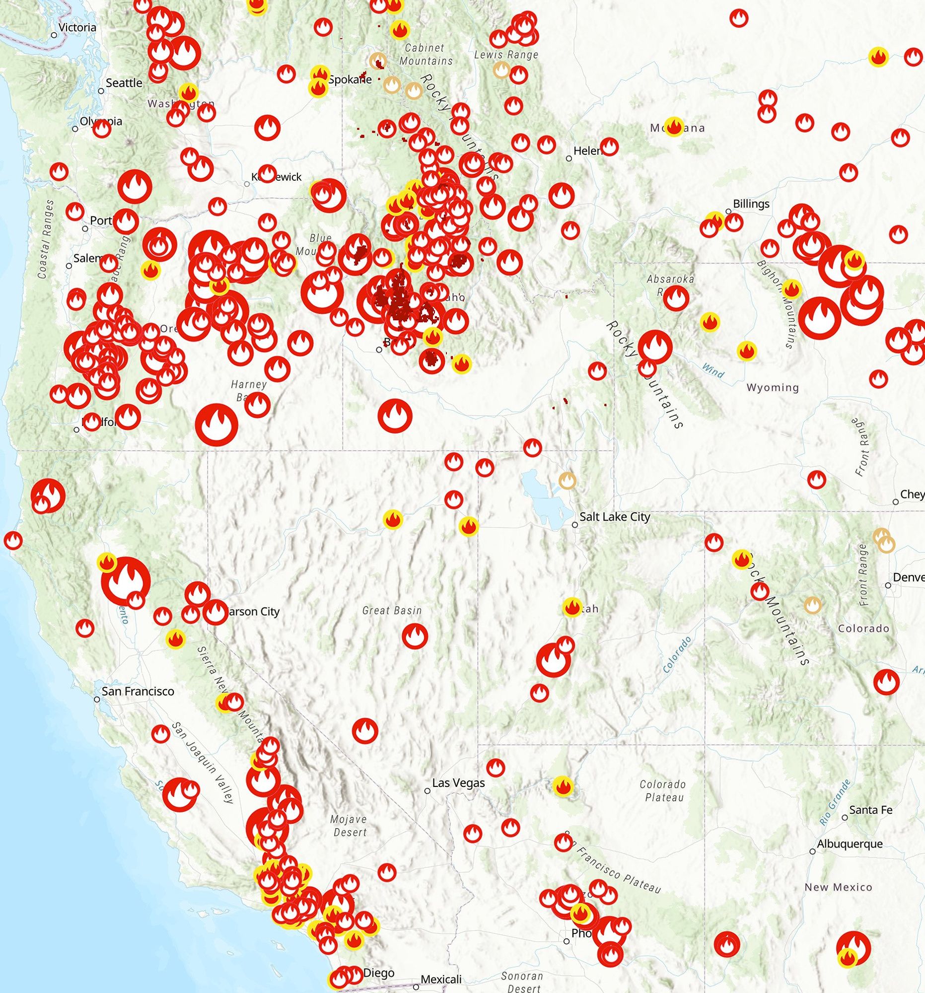 A fire map of the west which is about 1/3 red. Fire everywhere.