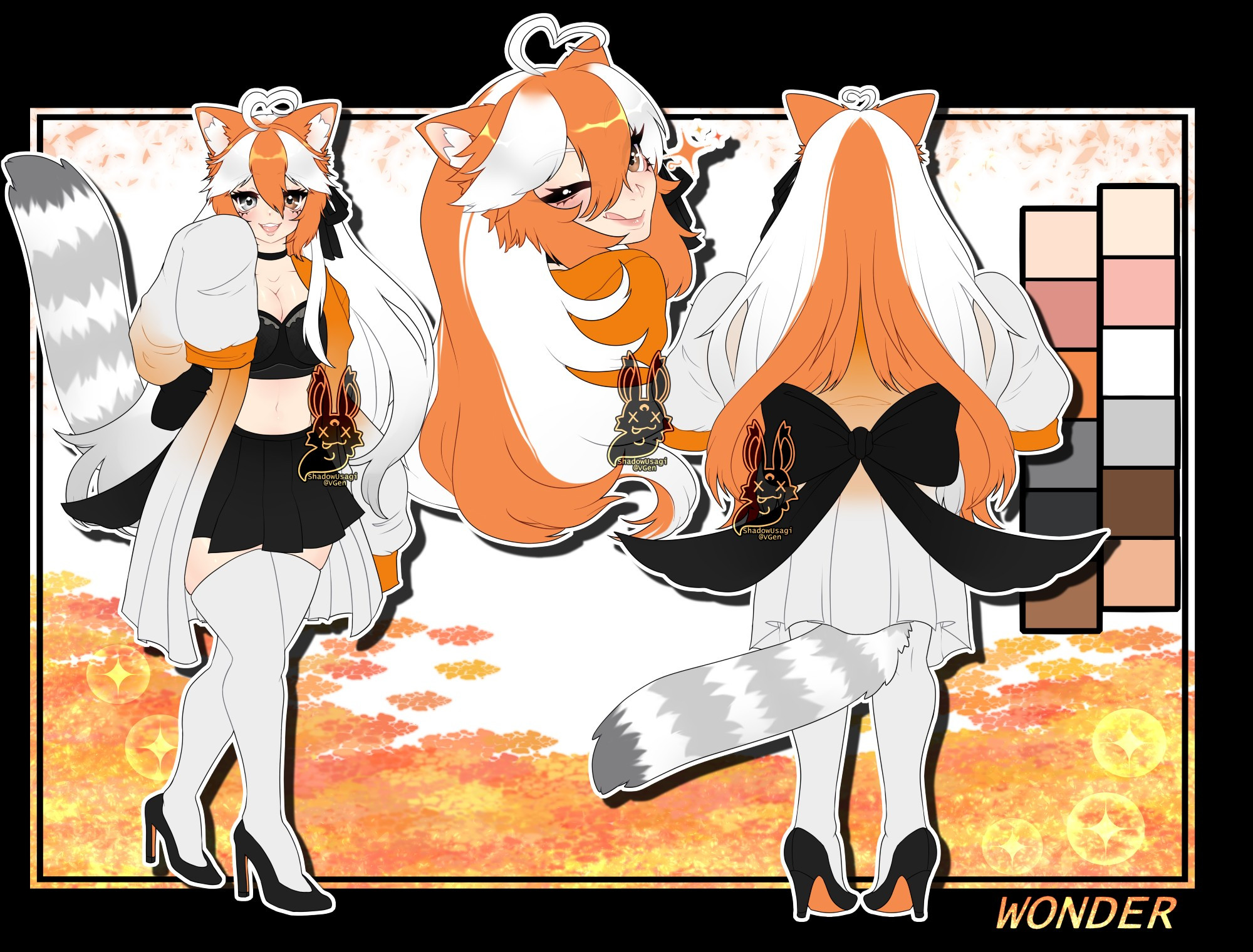 A full reference sheet for Wonder, with a front and back pose, as well as a headshot winking pose in the middle. She has white and orange hair, with her bangs being white then orange then white, and the long back of her hair being white then orange then white, along with orange ears and a white heart cowlick. Her right eye is white and her left eye is orange. She has a black bow-ribbon on the left side of her head and giant black bow on her back at her hips! She is wearing a black choker, black bra, black skirt, and black heels with an orange bottom. As well as a long sweater dress that is orange-white gradient top-to bottom that covers her hands. She also has off-white thigh highs and a grey/white striped tail with a dark grey tip. On the left, she is smiling and waving with the sweater falling down over her hand, in the middle she is giving a smug wink with her tongue out, and on the right is her back. To the right there is her color palette and underneath her is text saying "Wonder"