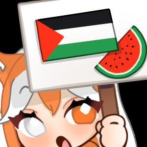 A chibi version of Wonder's model holding up a sign that has a Palestinian flag and a watermelon on it.