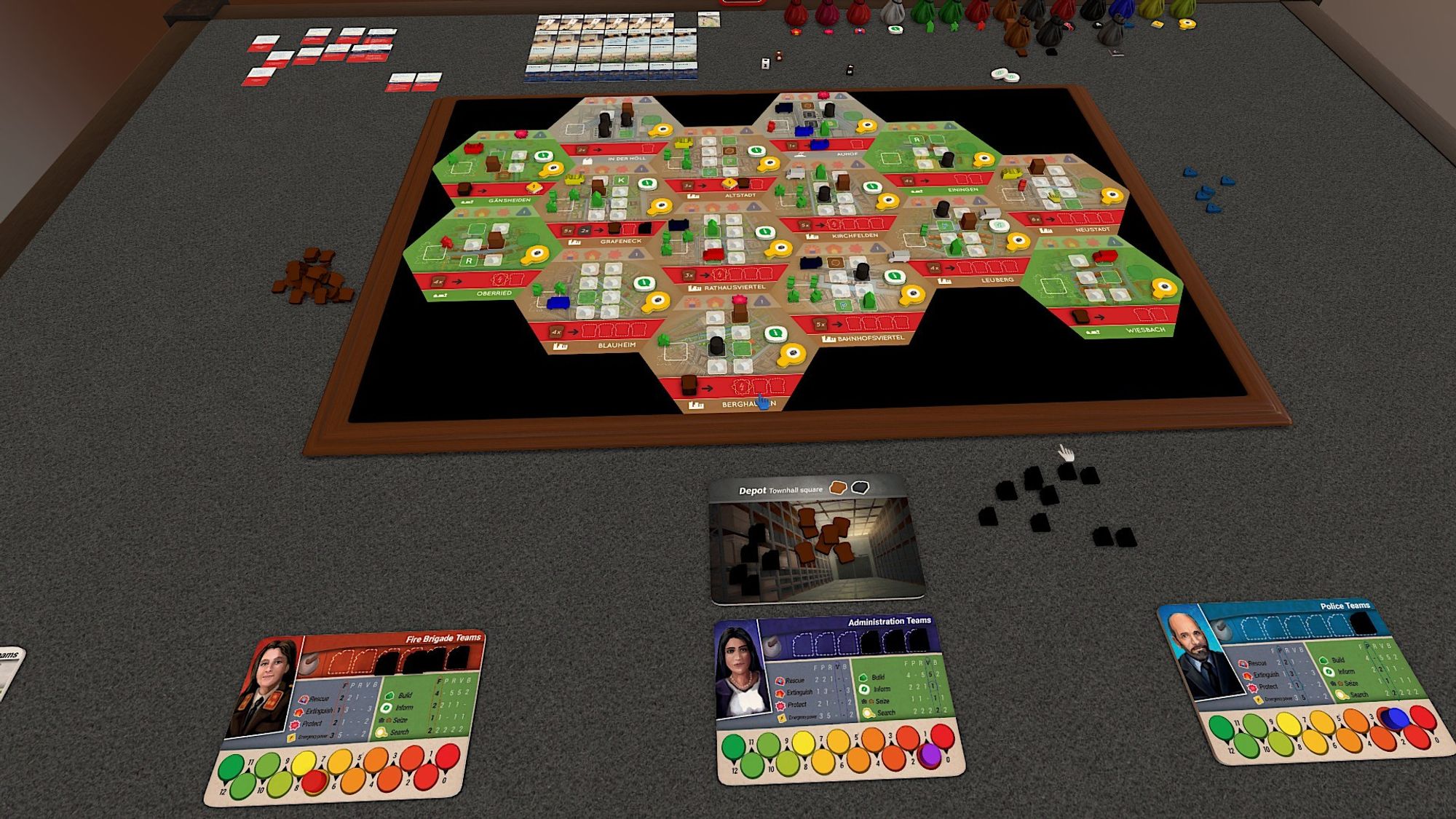 Game board of Neustart in Cabletop Simulator. A modular city layout with various vehicles, ressources and markers on each city quarter.