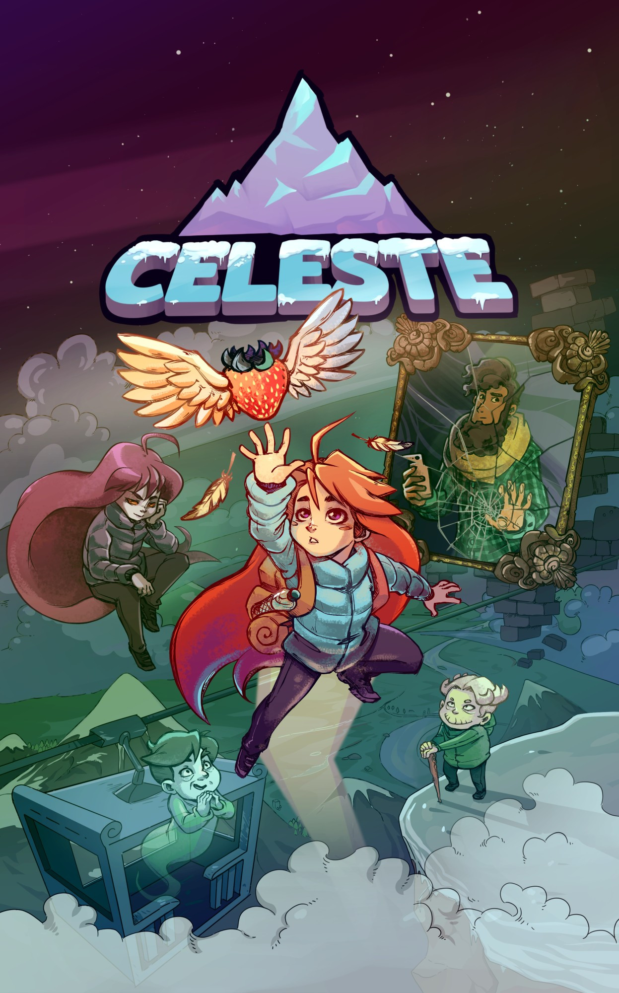 Celeste Box art, Maddy reaching for a strawberry while others look on.