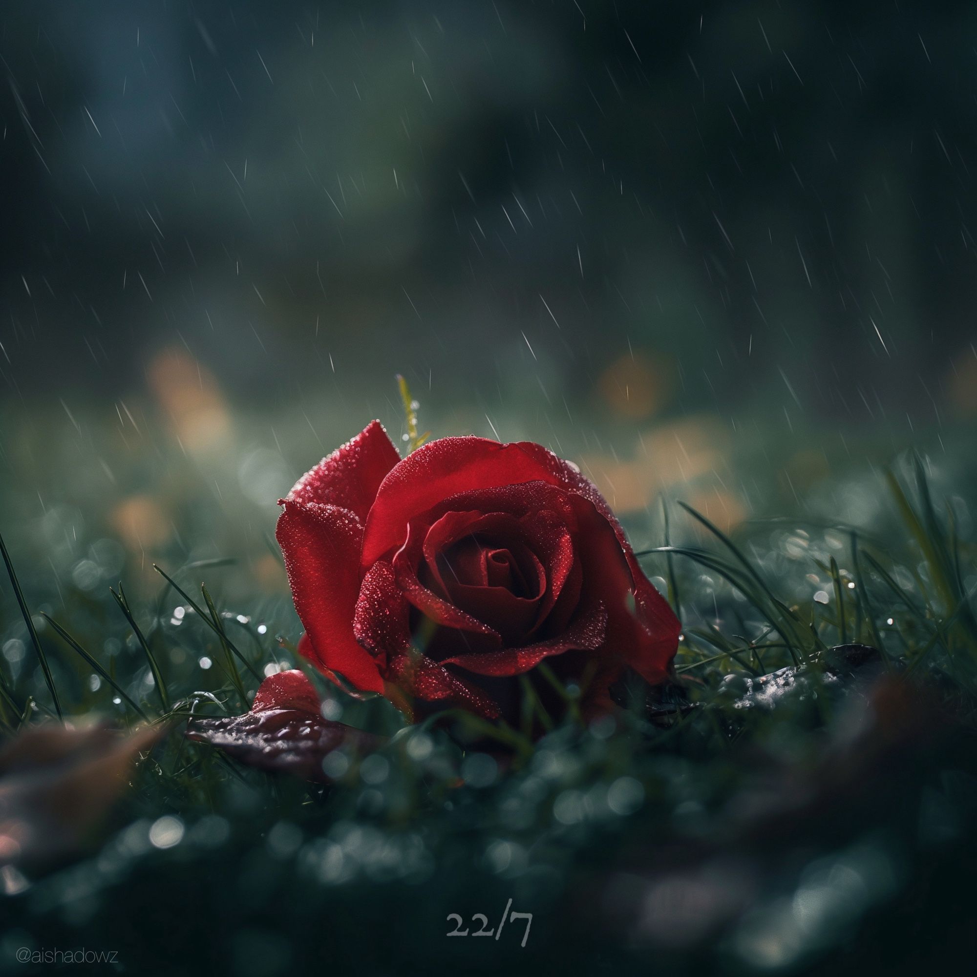 A single red rose resting on wet grass during light rain.