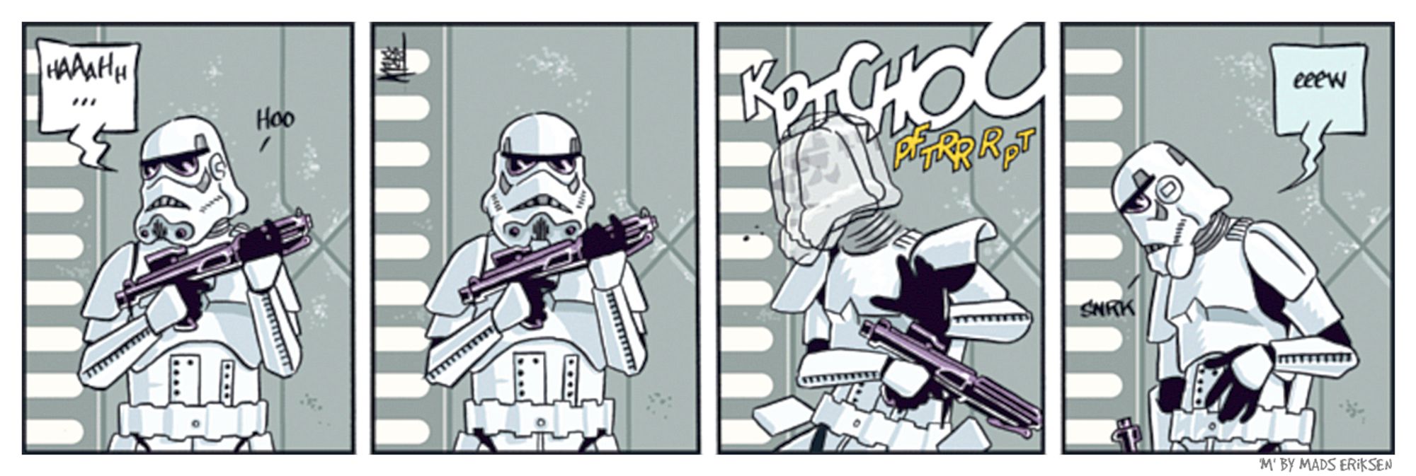 Comic strip showing a stormtrooper sneezing with his helmet on (guess where the snot goes—eeew).