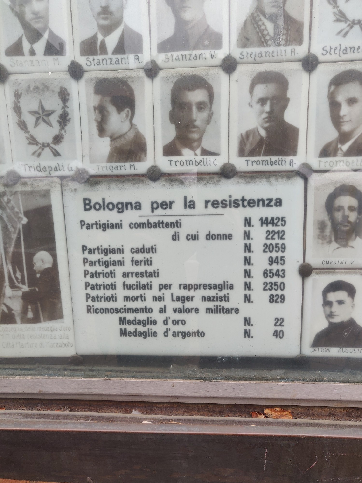 Stats of the resistance fighters in Bologna
14,425 partisan combatants.
Of which 2212 were women.
2059 fallen partizans
945 wounded
6543 arrested
2350 shot in retaliation
829 died in concentration camps
22 gold valor medals awarded, 40 silver